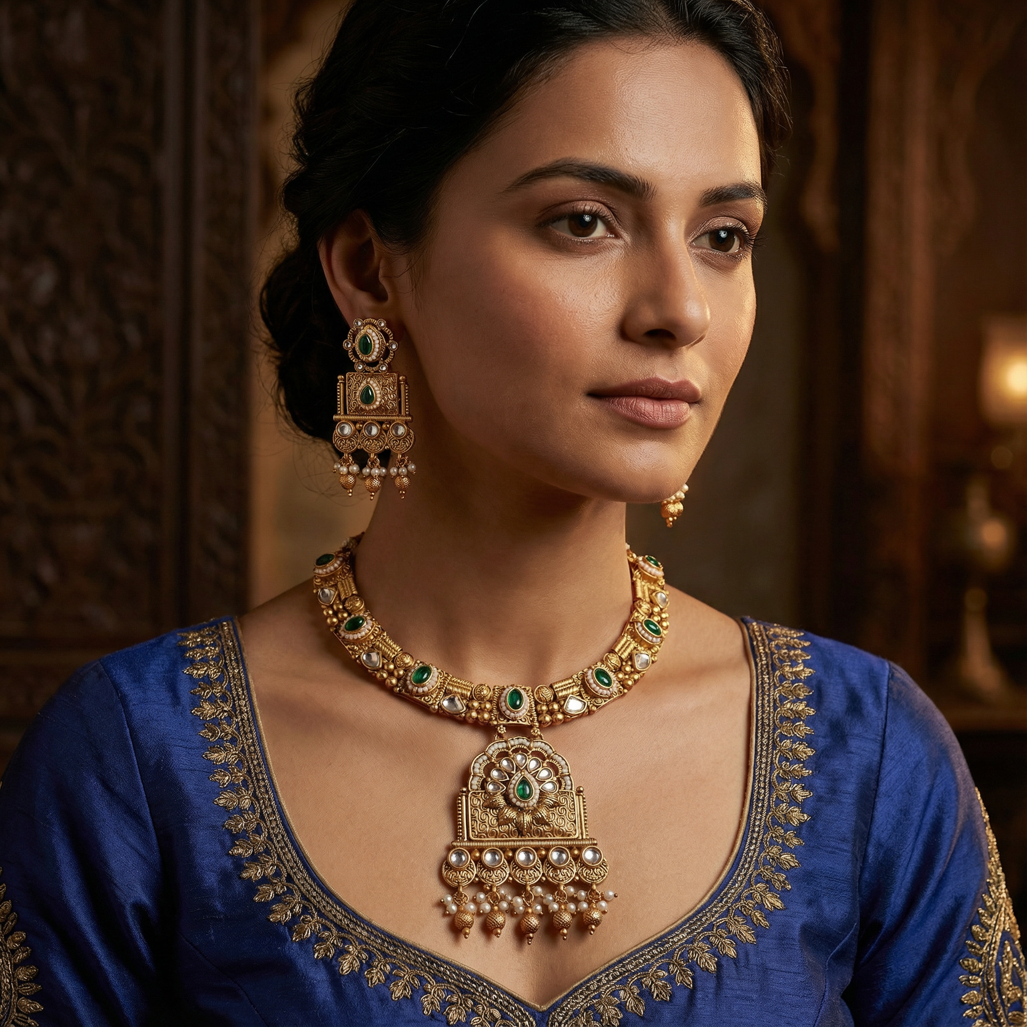 Temple Choker Necklace | Pallavi Gold-Plated South Indian Jewellery Set - nandai.store