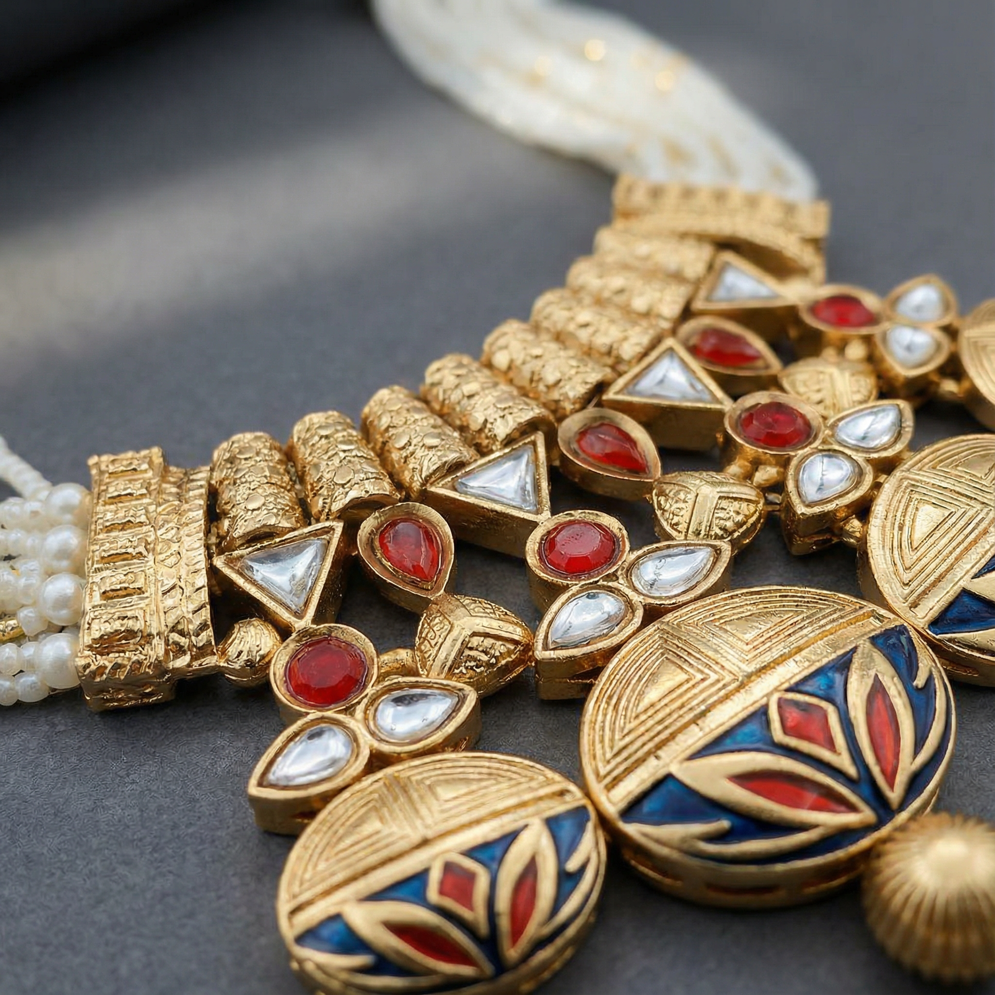 Rajwadi Necklace Set - Madhubala Bridal Jewelry - Gold Meenakari Choker with Earrings & Pearls - nandai.store