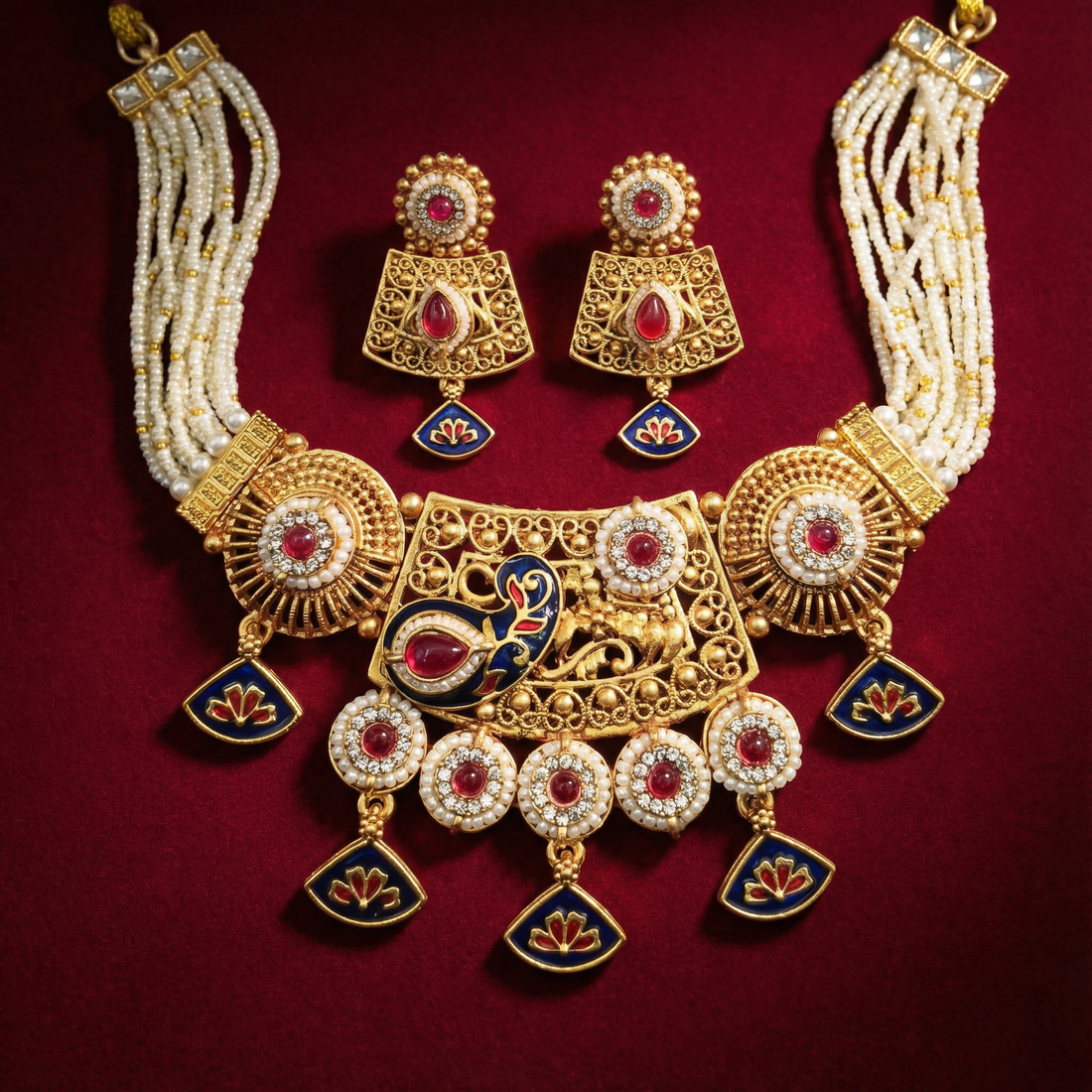Meenakari Necklace | Tripti Rajputi Gold-Plated Statement Set with Earrings - nandai.store