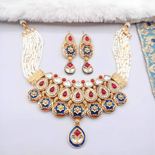 Meenakari Bridal Choker Set - Elegant Priyanka Rajputi Jewelry Necklace & Earrings - nandai.store