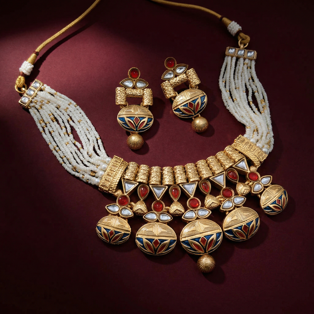 Shahi Blue Rajwadi Necklace Set - Madhubala Bridal Jewelry - Gold Meenakari Choker with Earrings & Pearls — Nandai