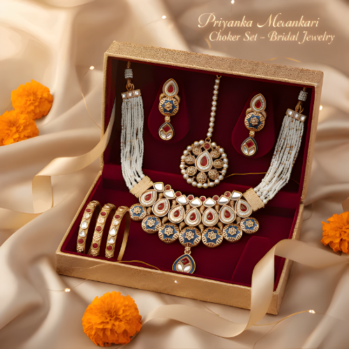 Meenakari Bridal Choker Set - Elegant Priyanka Rajputi Jewelry Necklace & Earrings - nandai.store