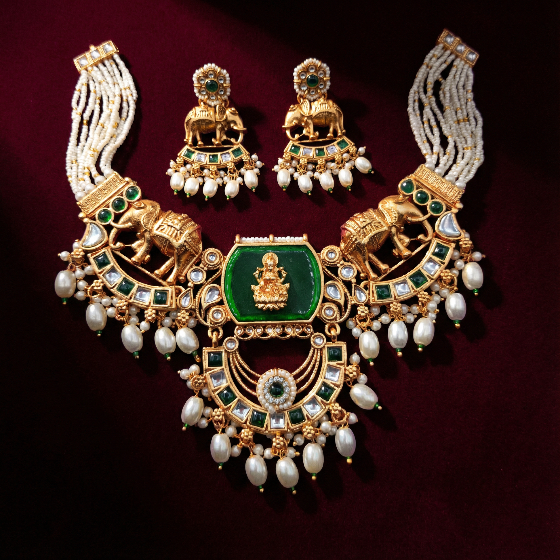 Kundan Necklace Set - Bihari Bridal Necklace with Elephant & Emerald Design - nandai.store
