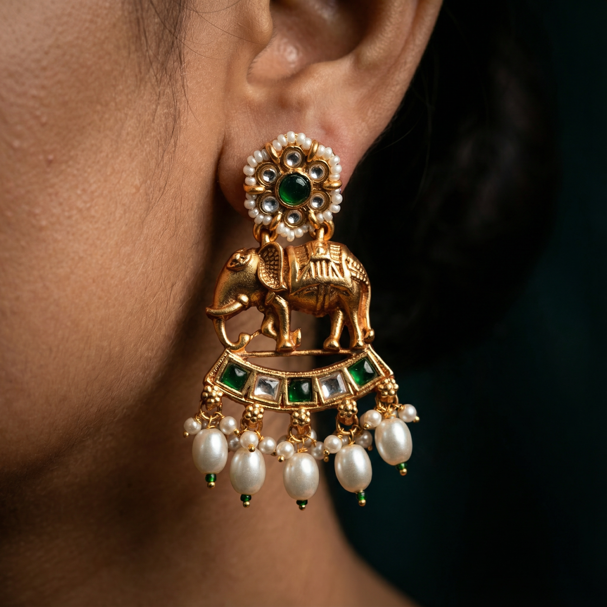 Kundan Necklace Set - Bihari Bridal Necklace with Elephant & Emerald Design - nandai.store