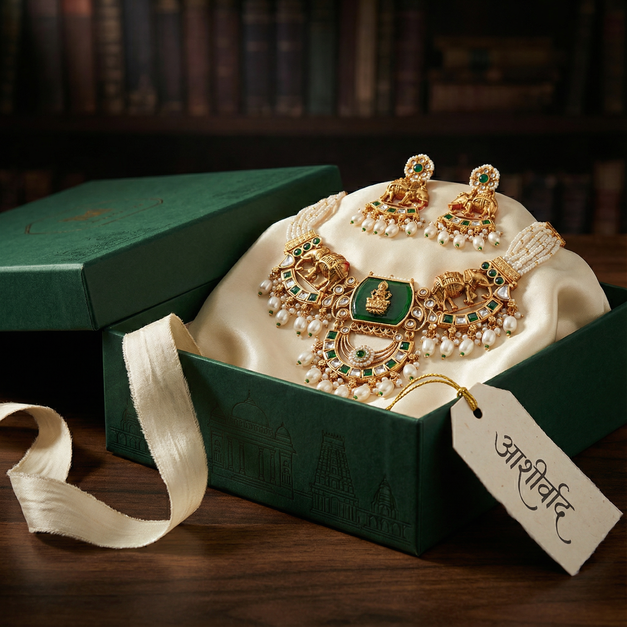 Kundan Necklace Set - Bihari Bridal Necklace with Elephant & Emerald Design - nandai.store
