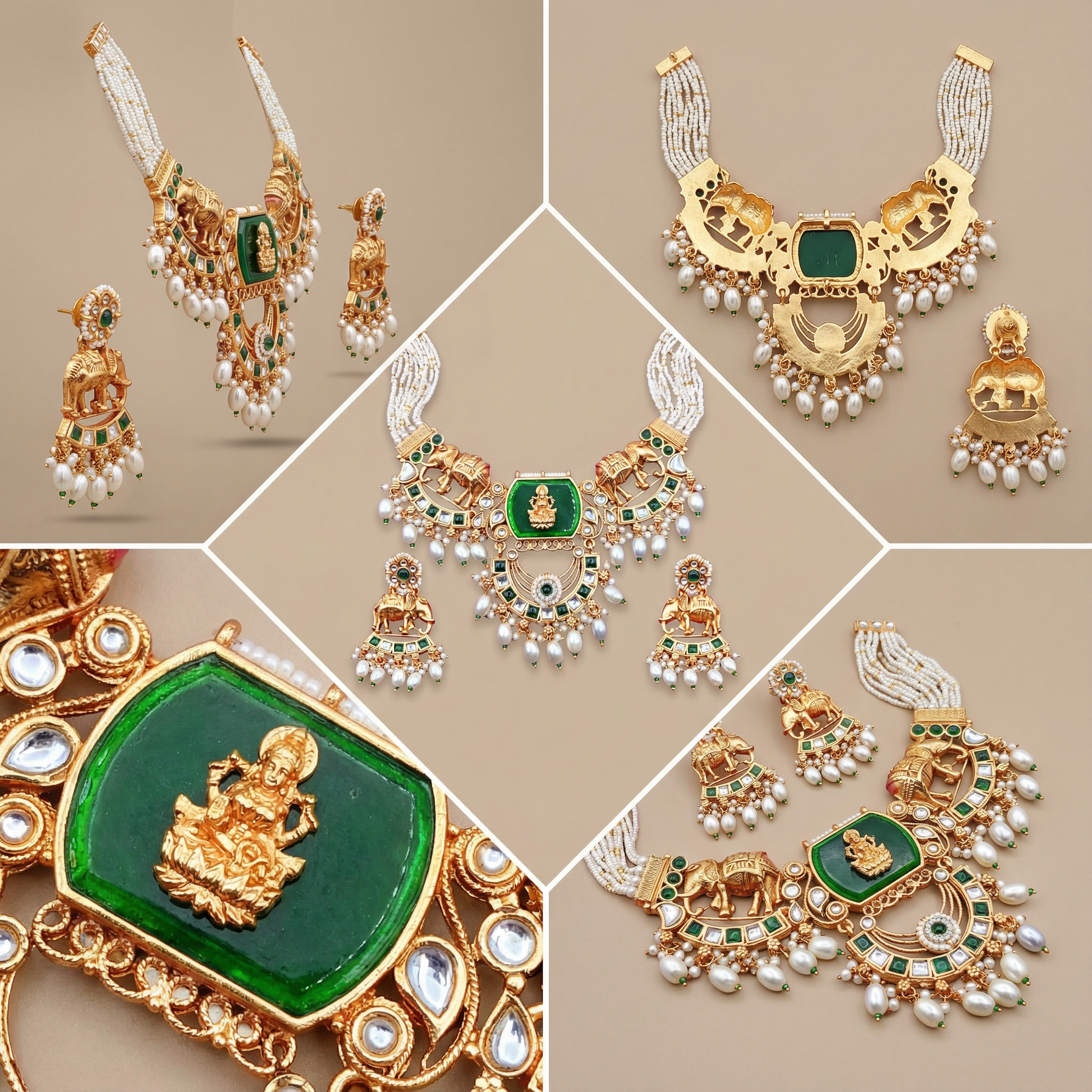 Kundan Necklace Set - Bihari Bridal Necklace with Elephant & Emerald Design - nandai.store