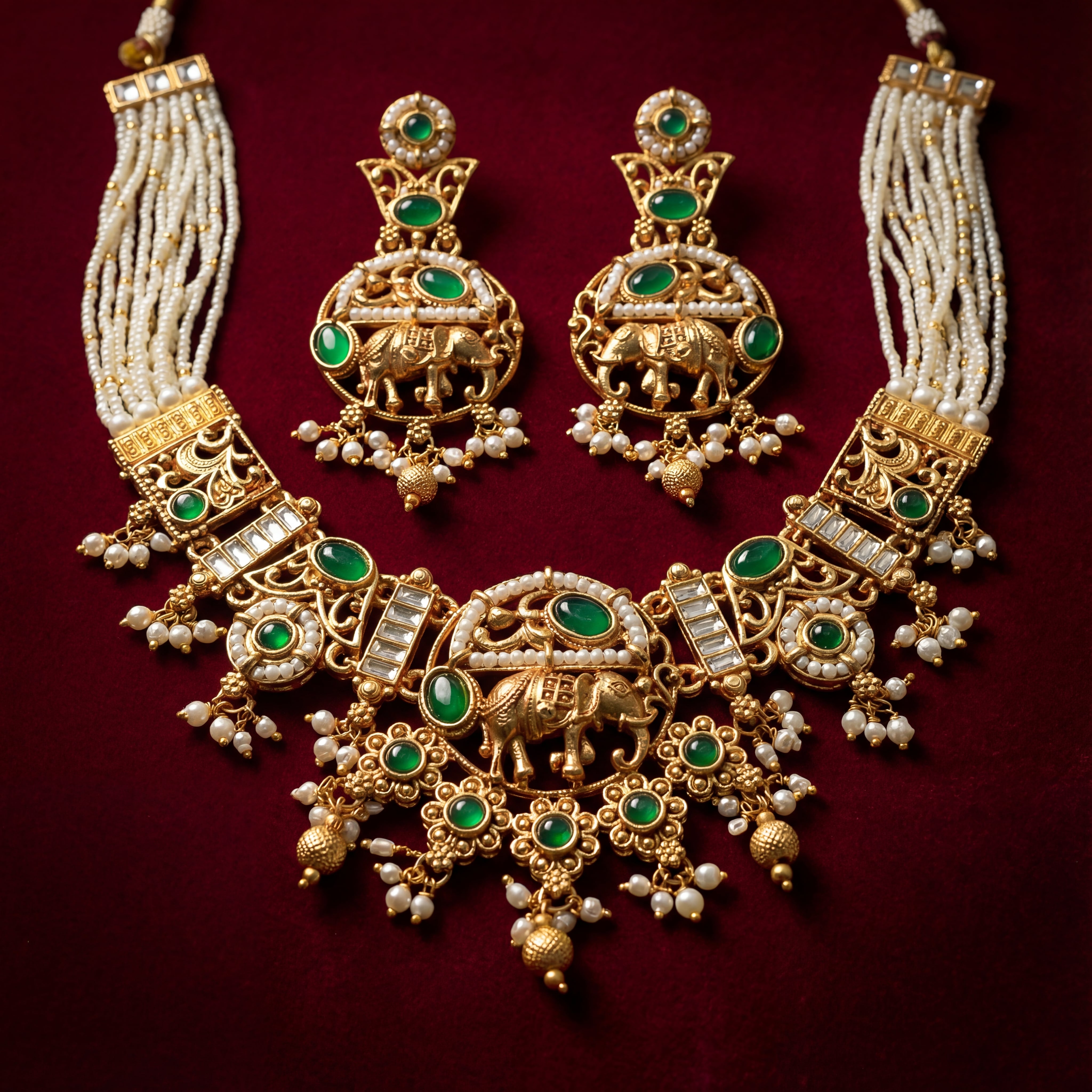 Mor Green Elephant Necklace Set | Rajputi Luxury Rajwadi Wedding Jewelry — Nandai