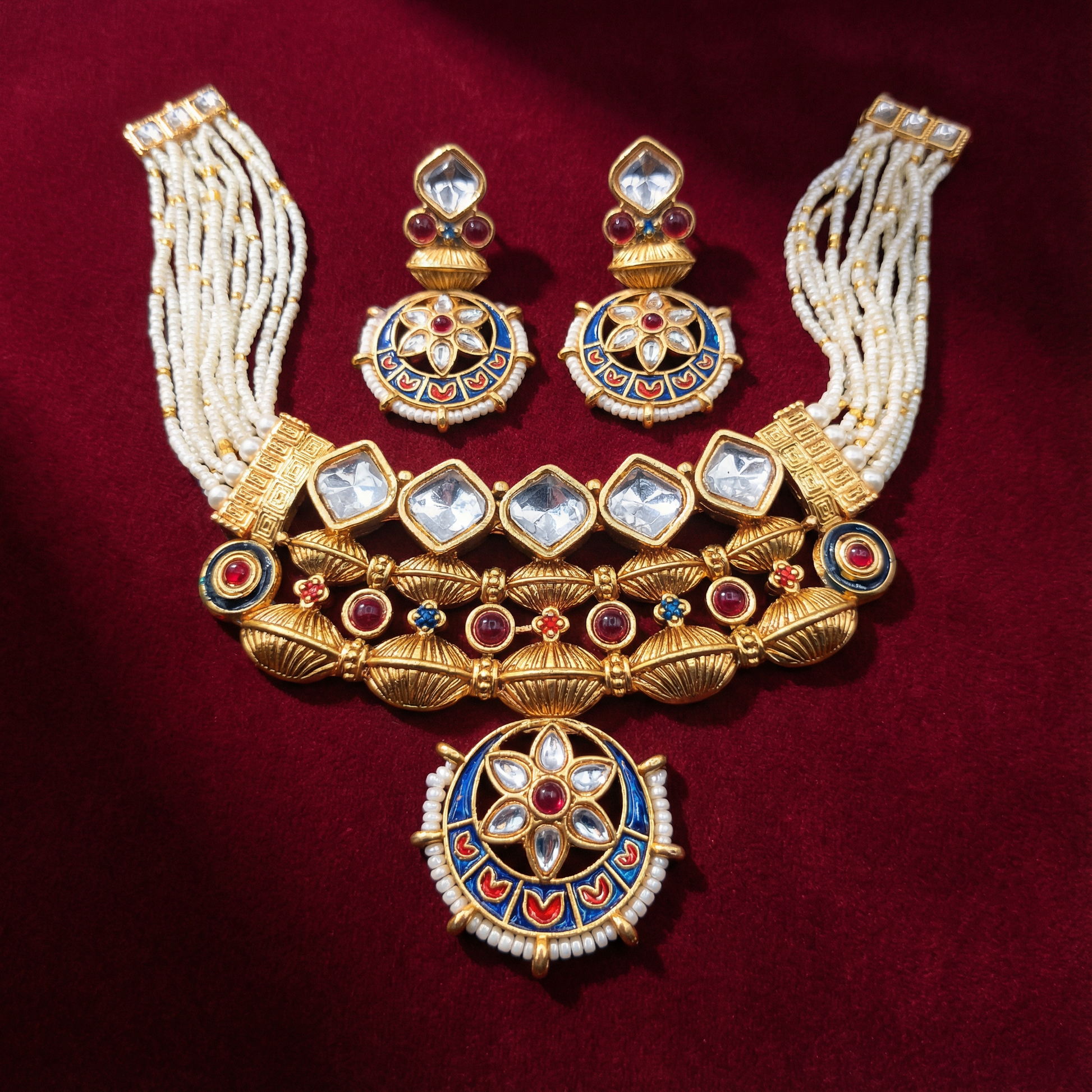 Agni Red Meena Jewelry Set | Rajputi Luxury Indian Necklace & Earrings — Nandai