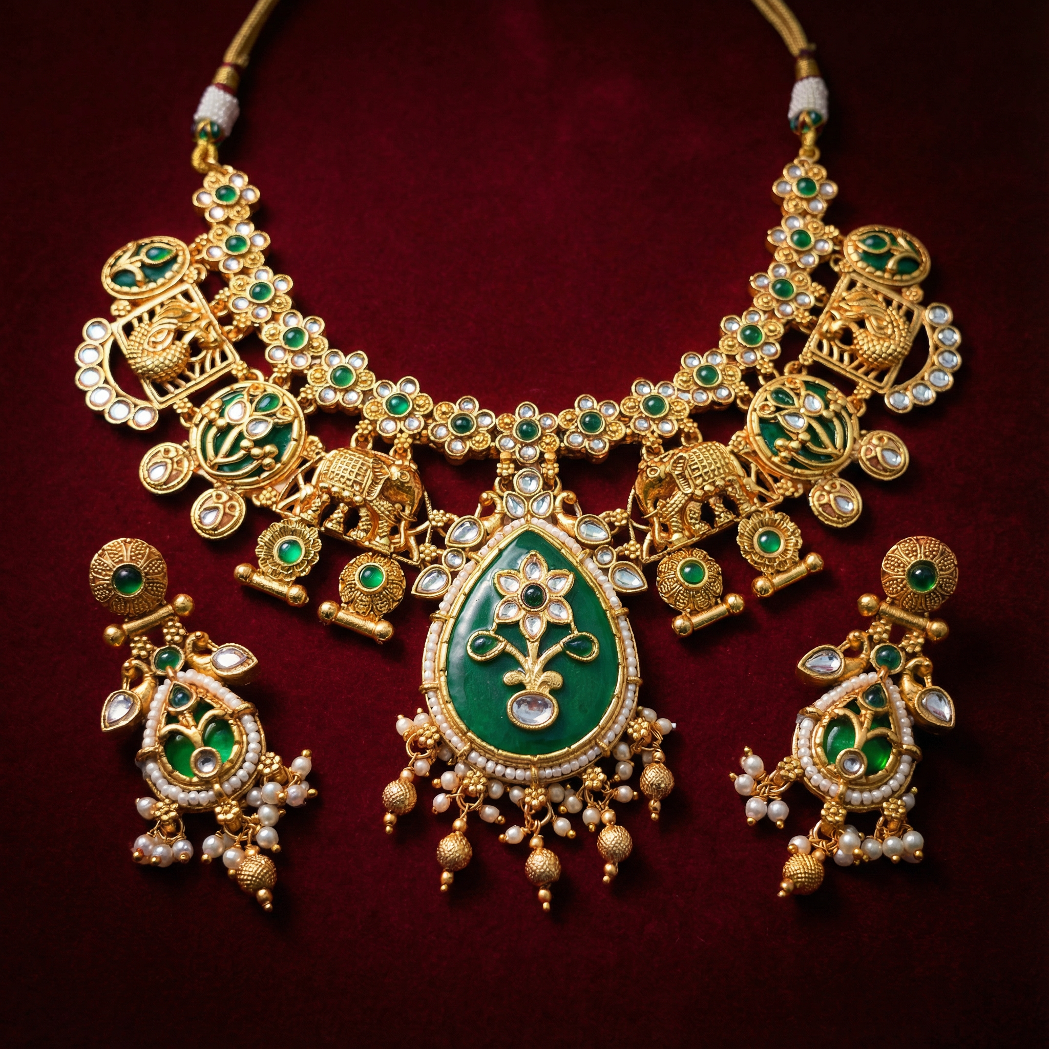 Mor Green Meenakari Necklace | Antique Gold Choker Set Bridal Jewelry — Nandai