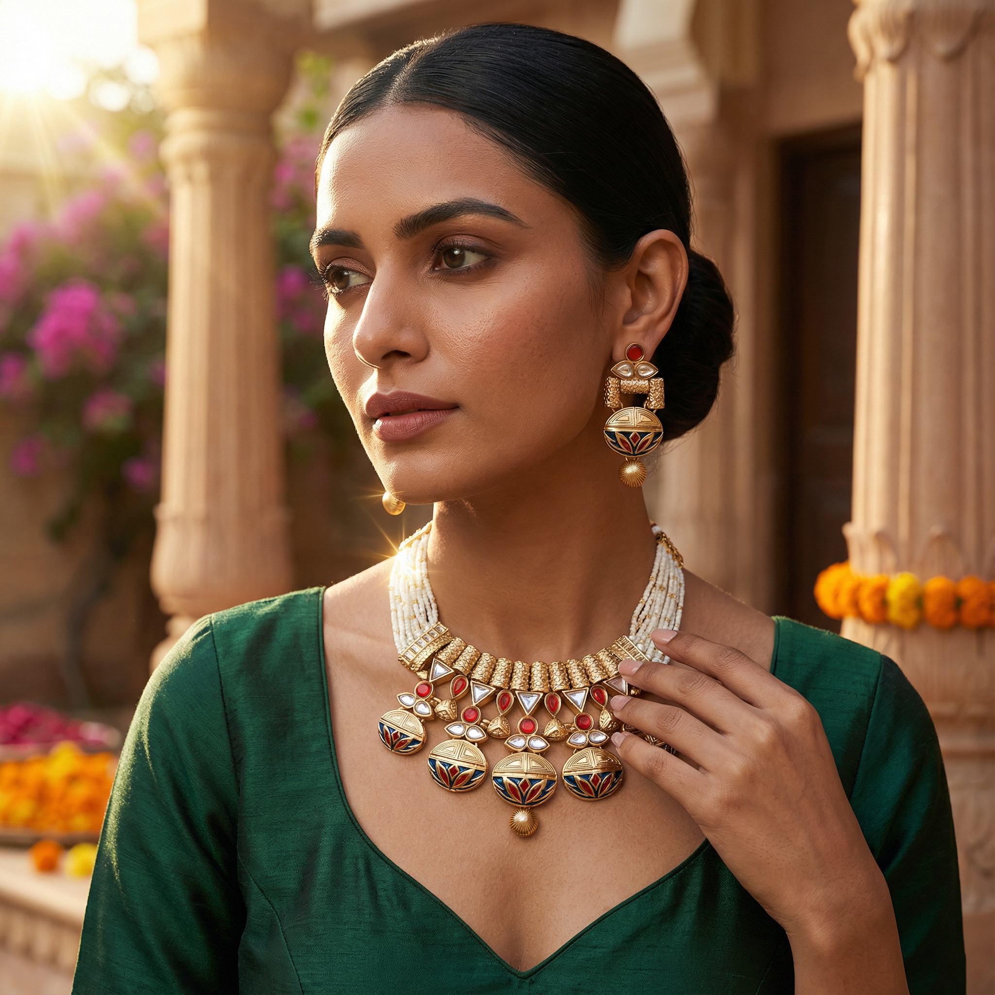 Rajwadi Necklace Set - Madhubala Bridal Jewelry - Gold Meenakari Choker with Earrings & Pearls - nandai.store