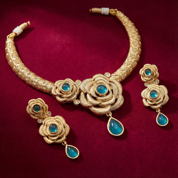 Montana Blue Hasadi Necklace | Rajwadi Rose Design with Green Stones Bridal Set — Nandai