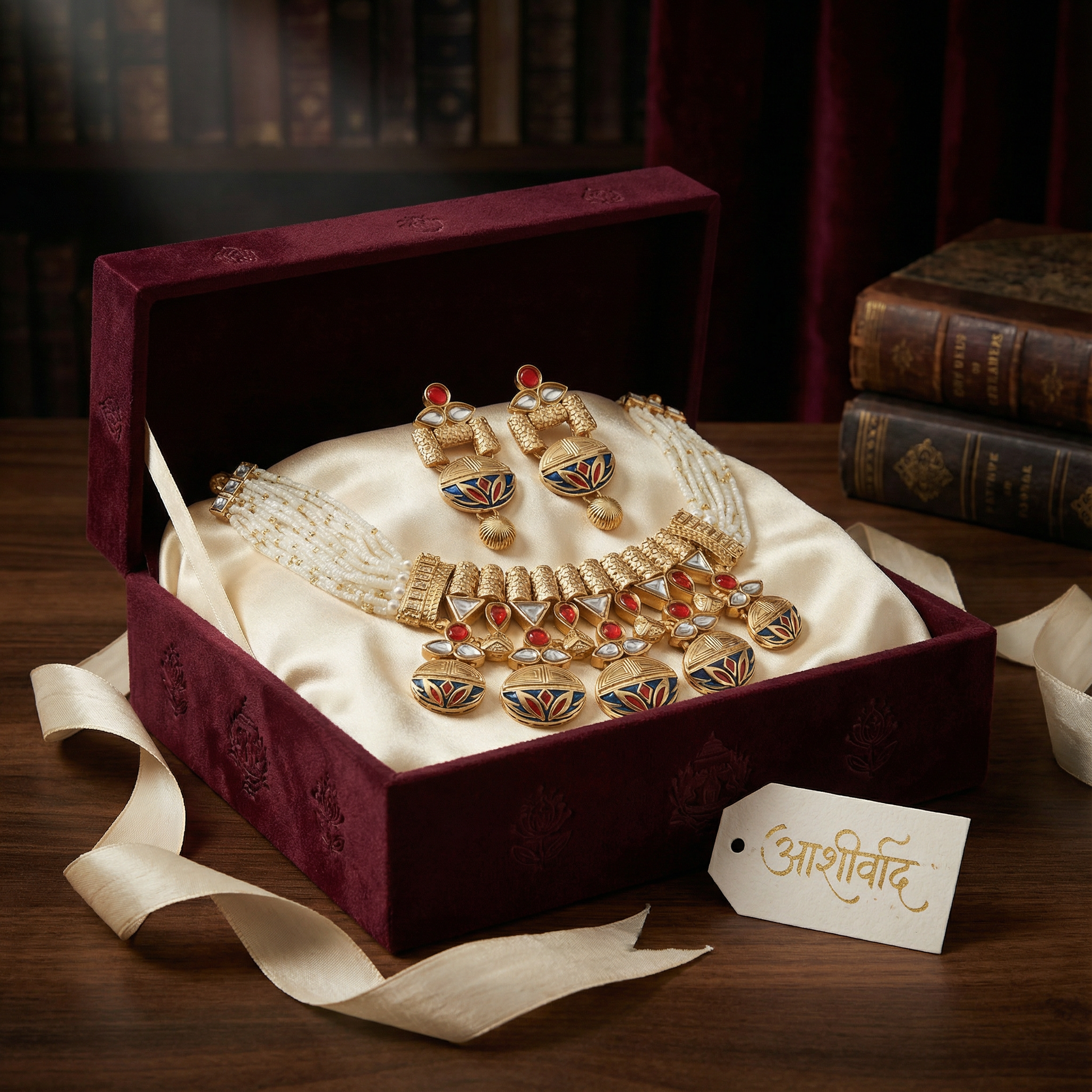 Rajwadi Necklace Set - Madhubala Bridal Jewelry - Gold Meenakari Choker with Earrings & Pearls - nandai.store