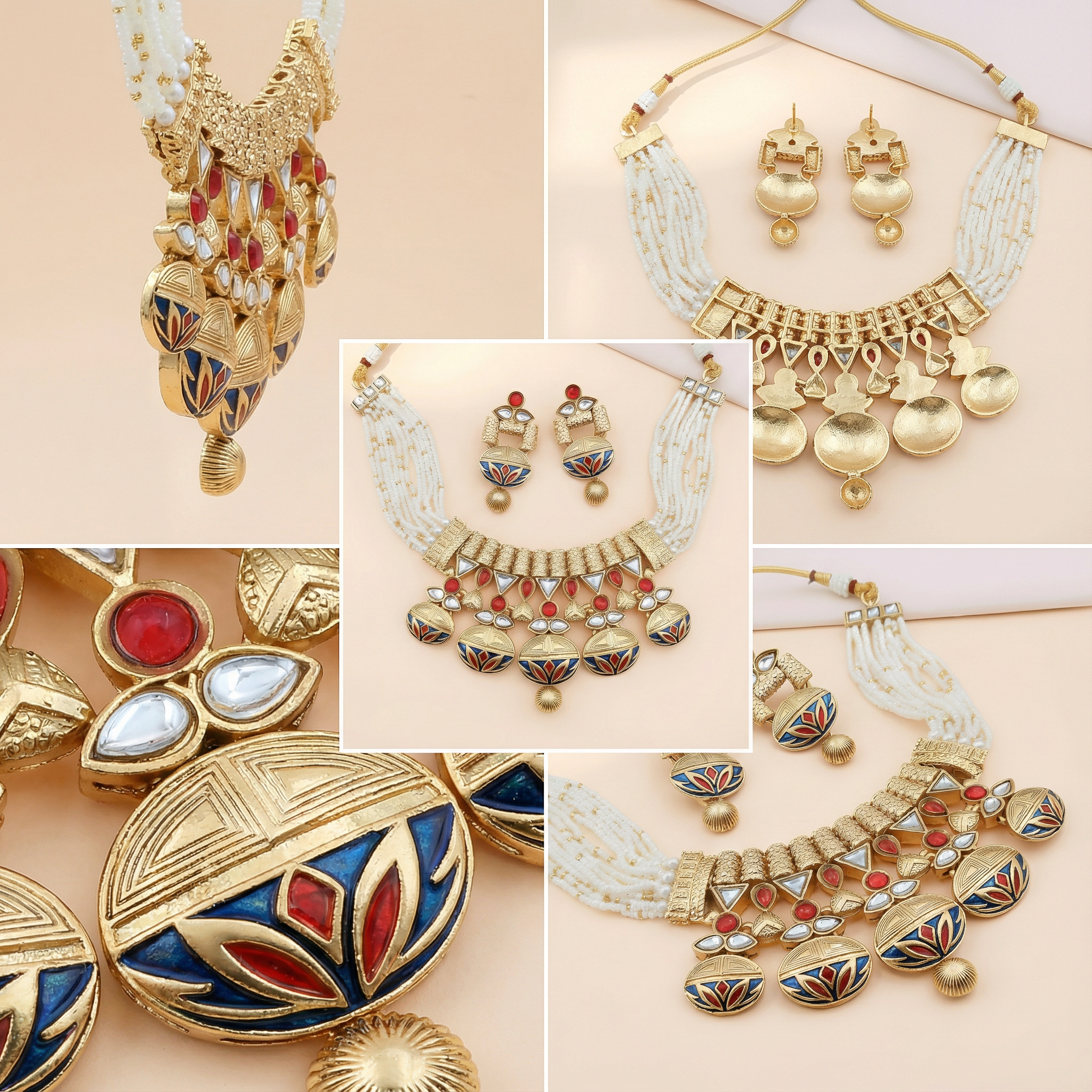 Rajwadi Necklace Set - Madhubala Bridal Jewelry - Gold Meenakari Choker with Earrings & Pearls - nandai.store