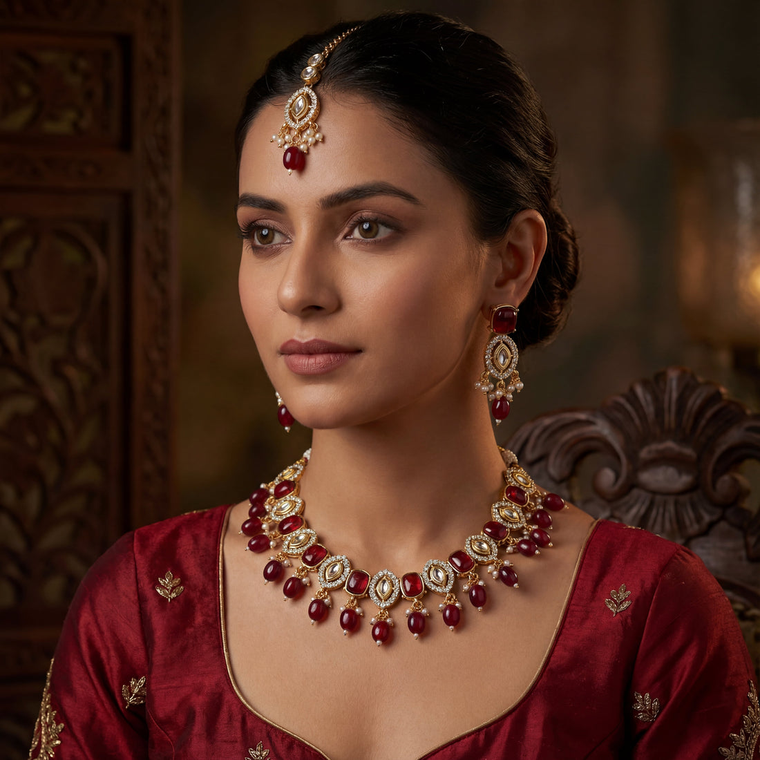 Rajwadi Kundan Choker Set - Kavya Gold-Plated Necklace, Earrings & Maang Tikka Set - nandai.store