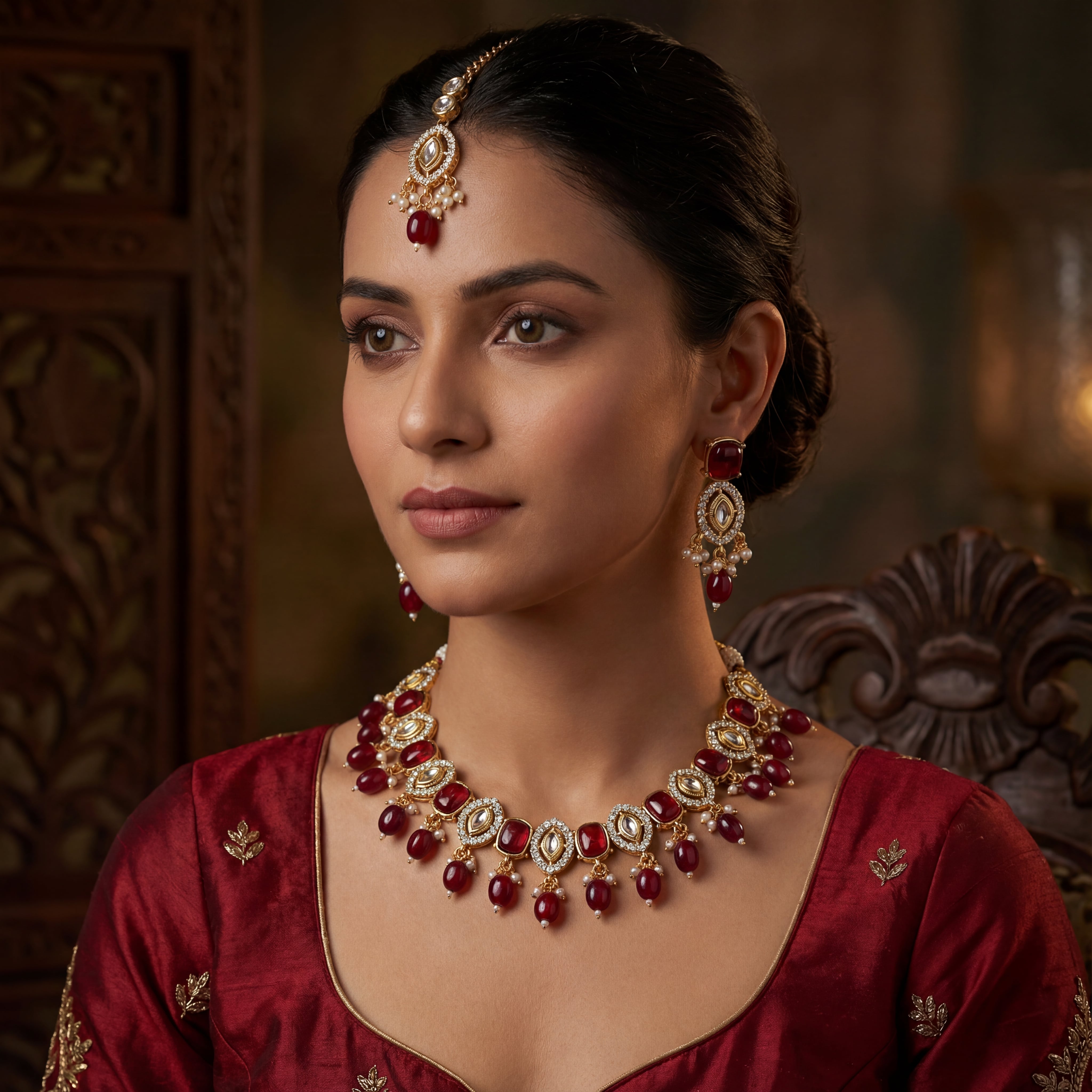 Rajwadi Kundan Choker Set - Kavya Gold-Plated Necklace, Earrings & Maang Tikka Set - nandai.store