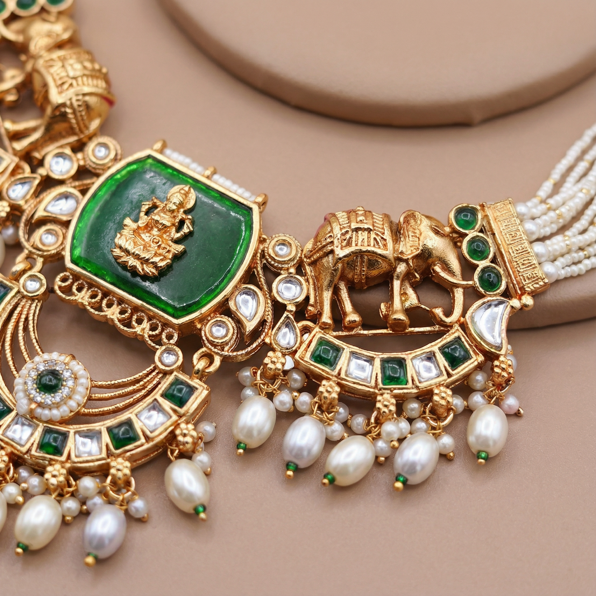 Kundan Necklace Set - Bihari Bridal Necklace with Elephant & Emerald Design - nandai.store