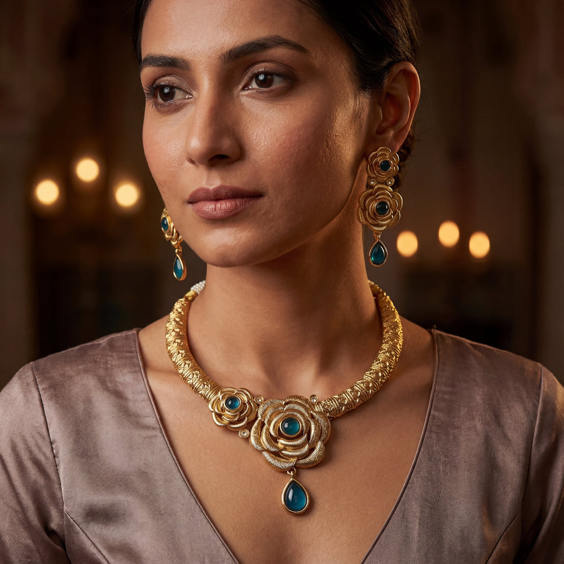 Hasadi Necklace | Rajwadi Rose Design with Green Stones Bridal Set - nandai.store