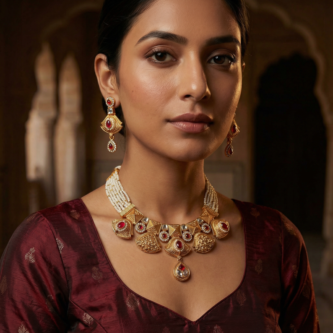 White Meenakari Choker Necklace Set: Rajputi Enamel Jewelry — Nandai