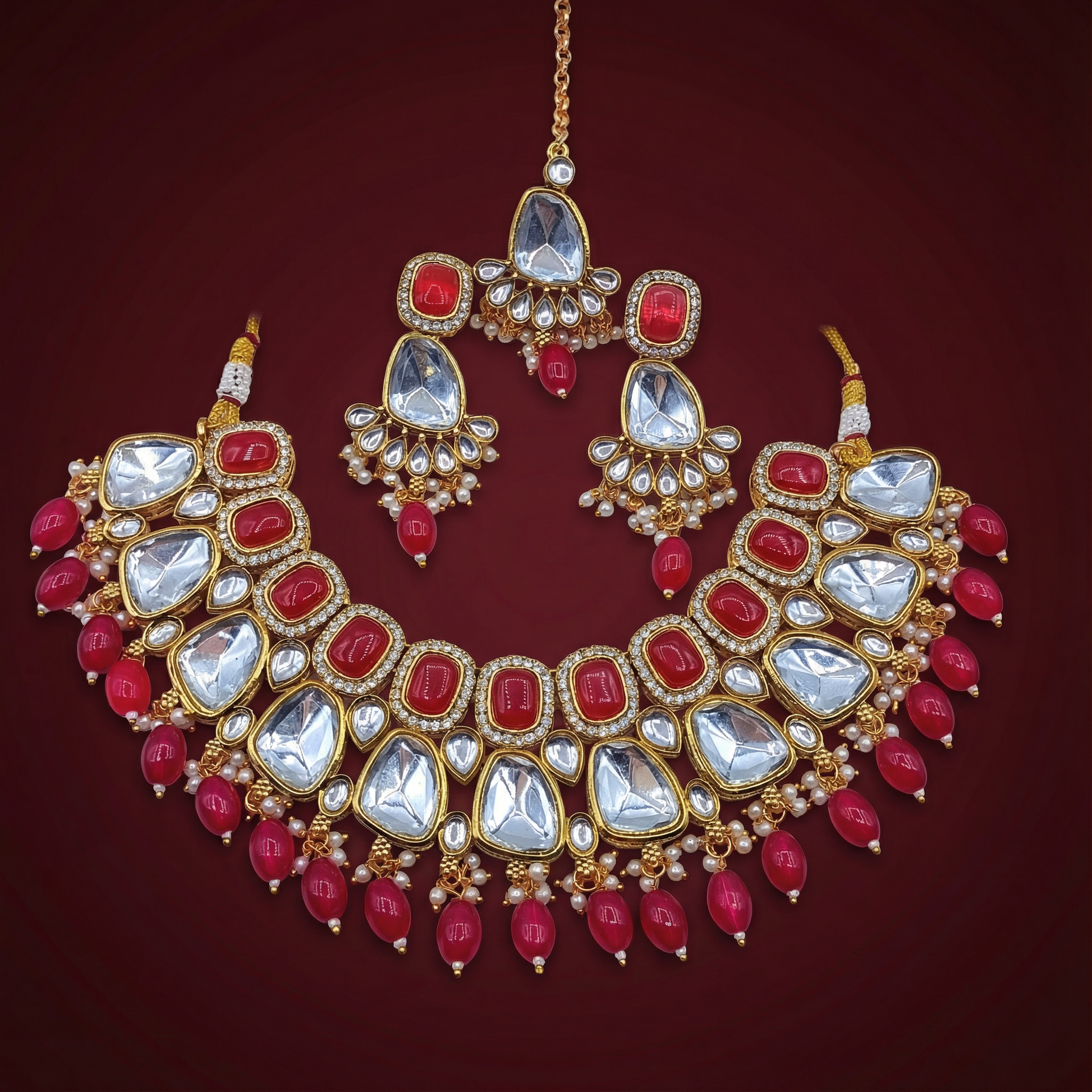 Agni Red Kundan Choker Set | Earrings | Sarah Jadau Kundan Jewellery for Women — Nandai