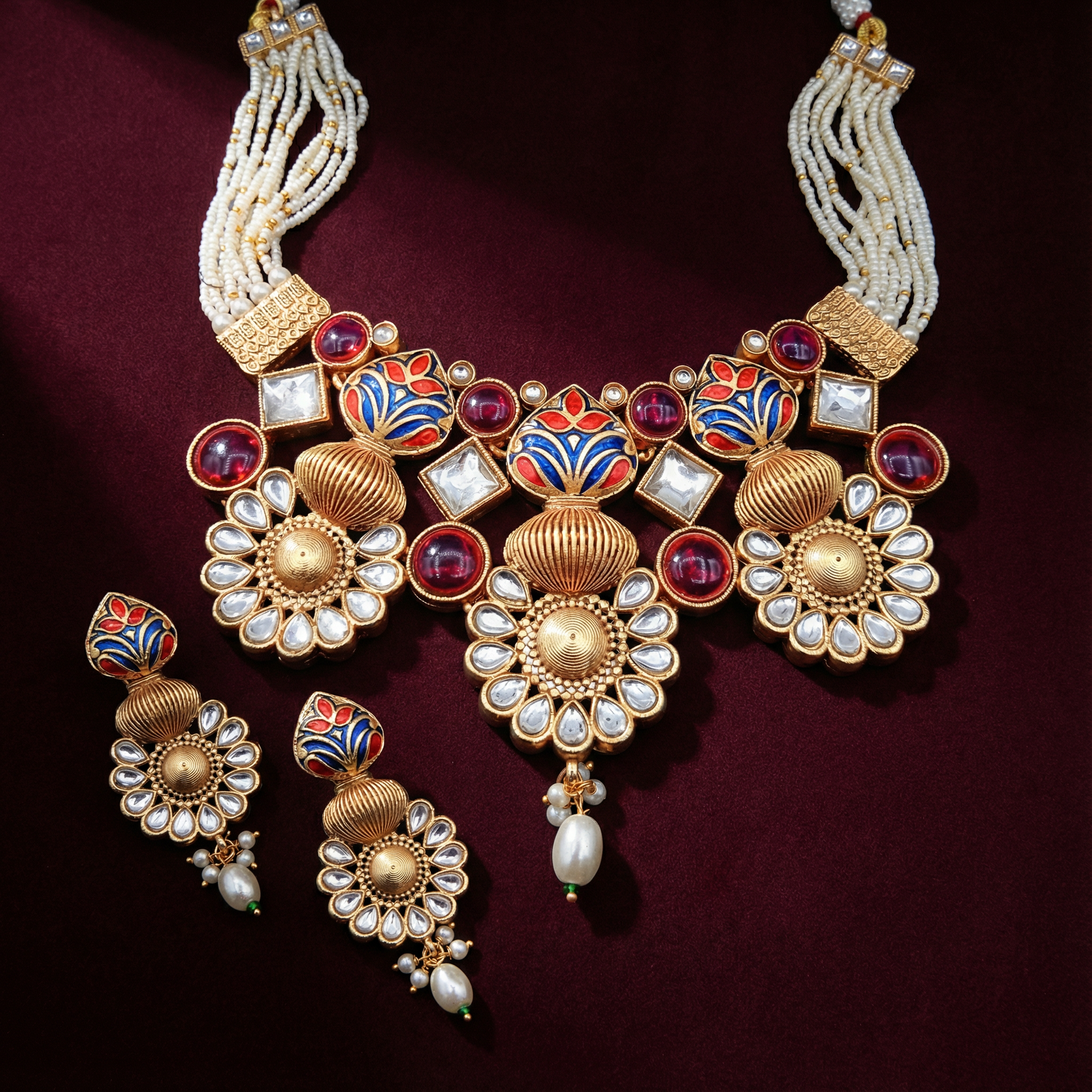 Jodha Red Sonakshi Matte Gold HasadiC hoker Set - Elegant Rajputi Jewellery for Timeless Beauty — Nandai