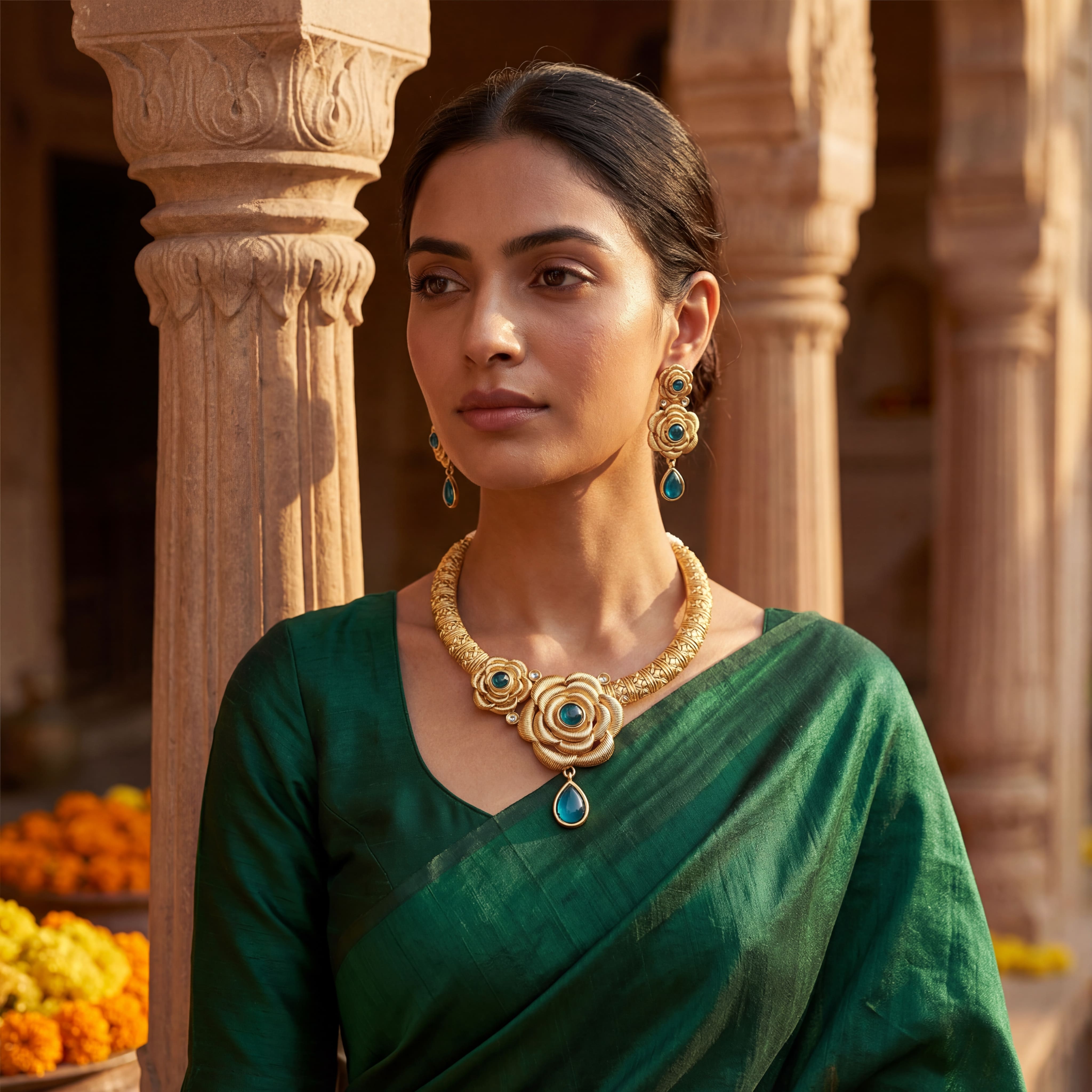 Hasadi Necklace | Rajwadi Rose Design with Green Stones Bridal Set - nandai.store