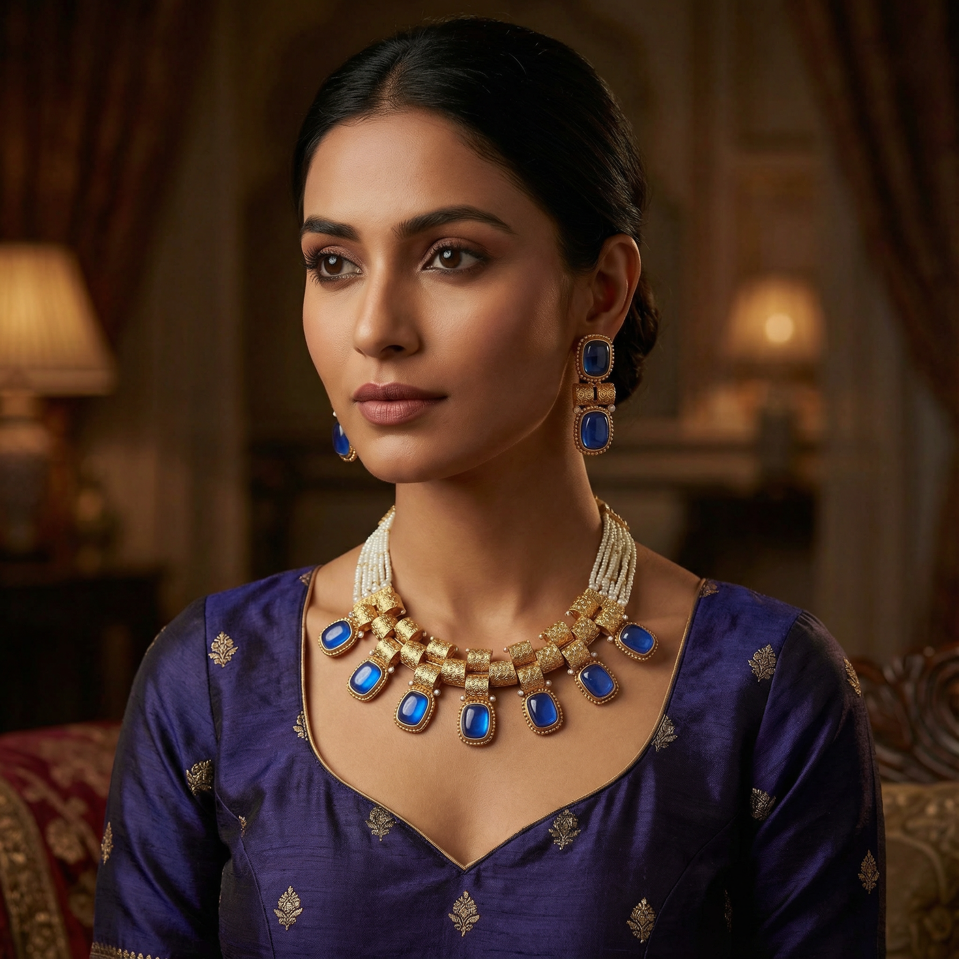 Rajwadi Choker Necklace | Monalisa Fusion Bridal Jewelry Set with Earrings - nandai.store