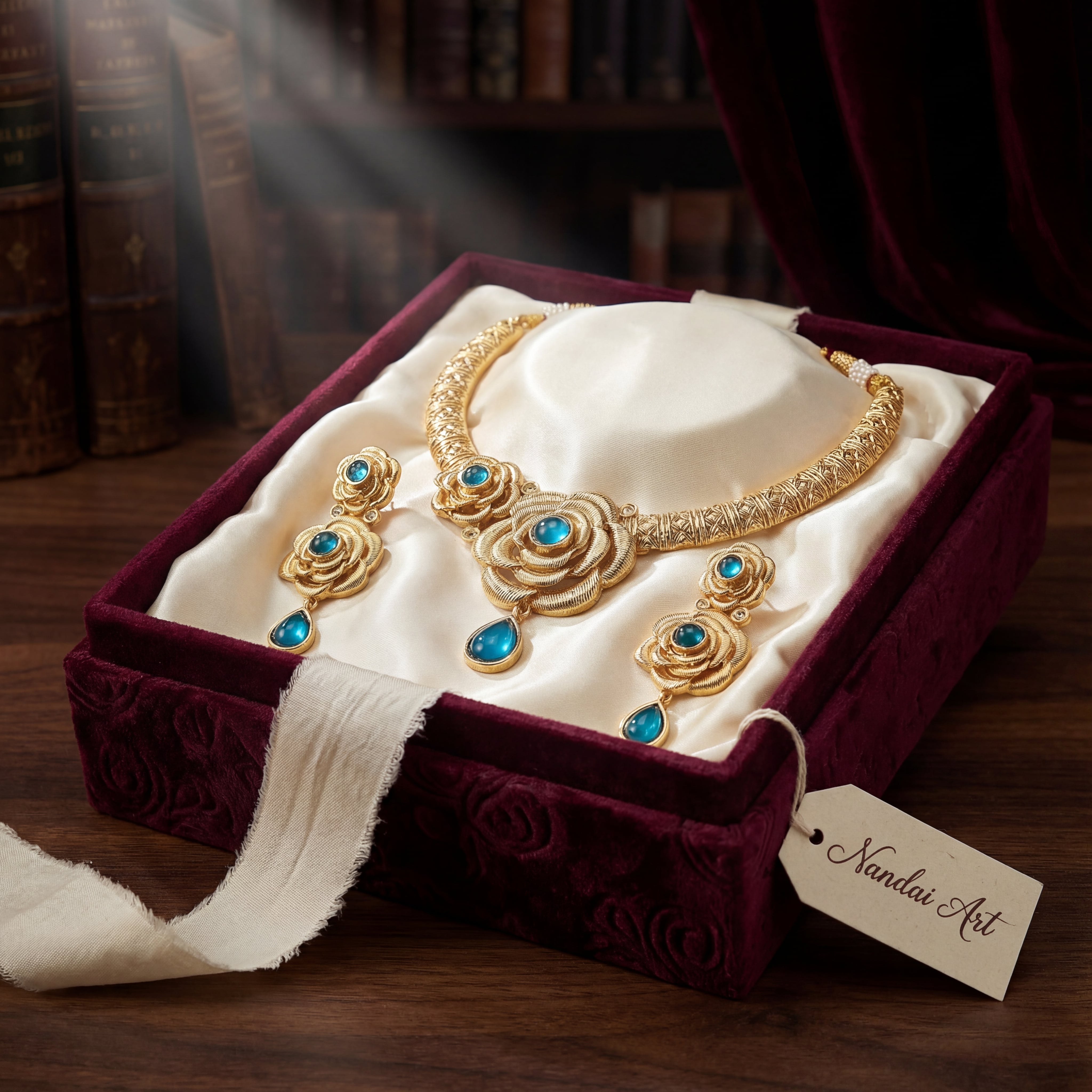 Hasadi Necklace | Rajwadi Rose Design with Green Stones Bridal Set - nandai.store