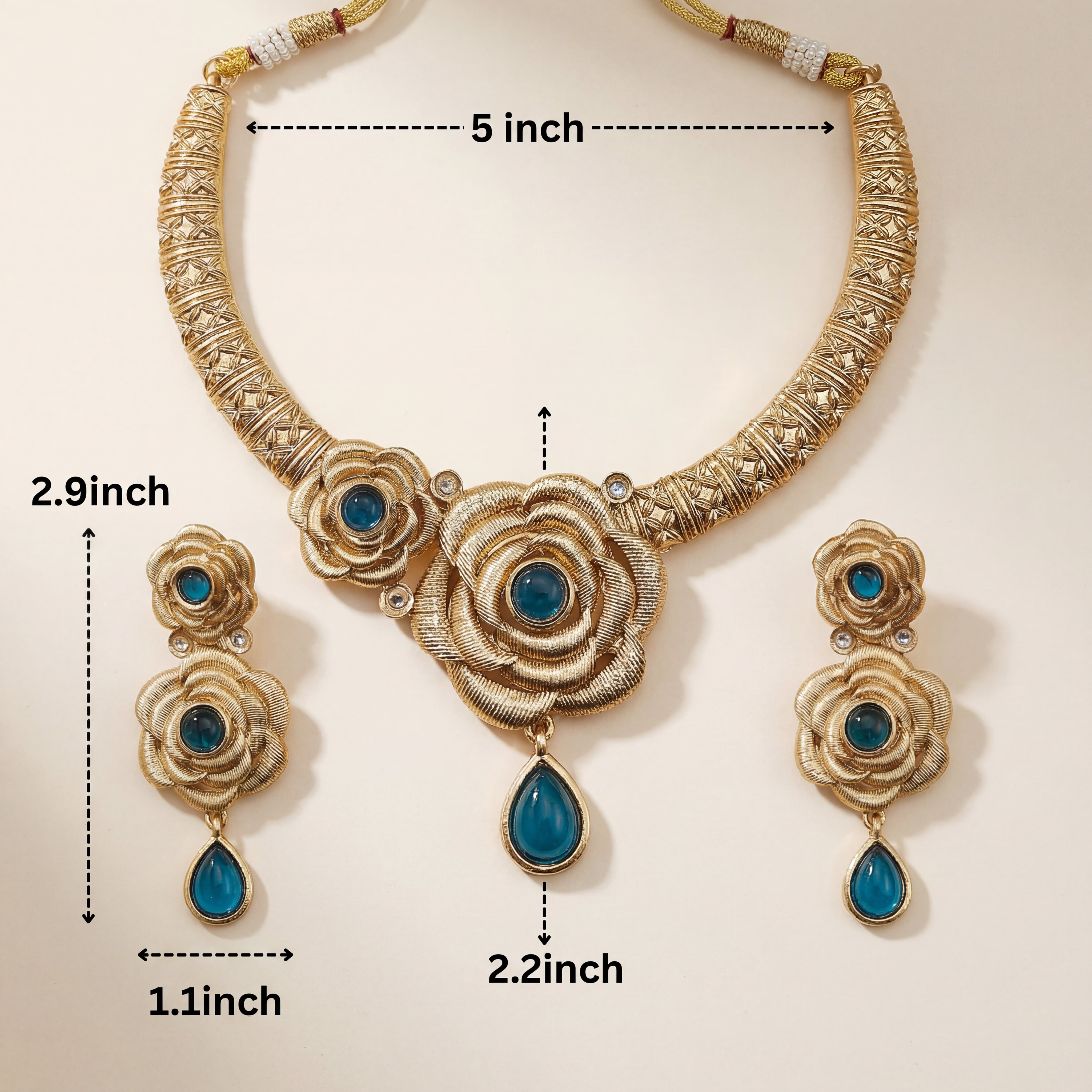 Hasadi Necklace | Rajwadi Rose Design with Green Stones Bridal Set - nandai.store