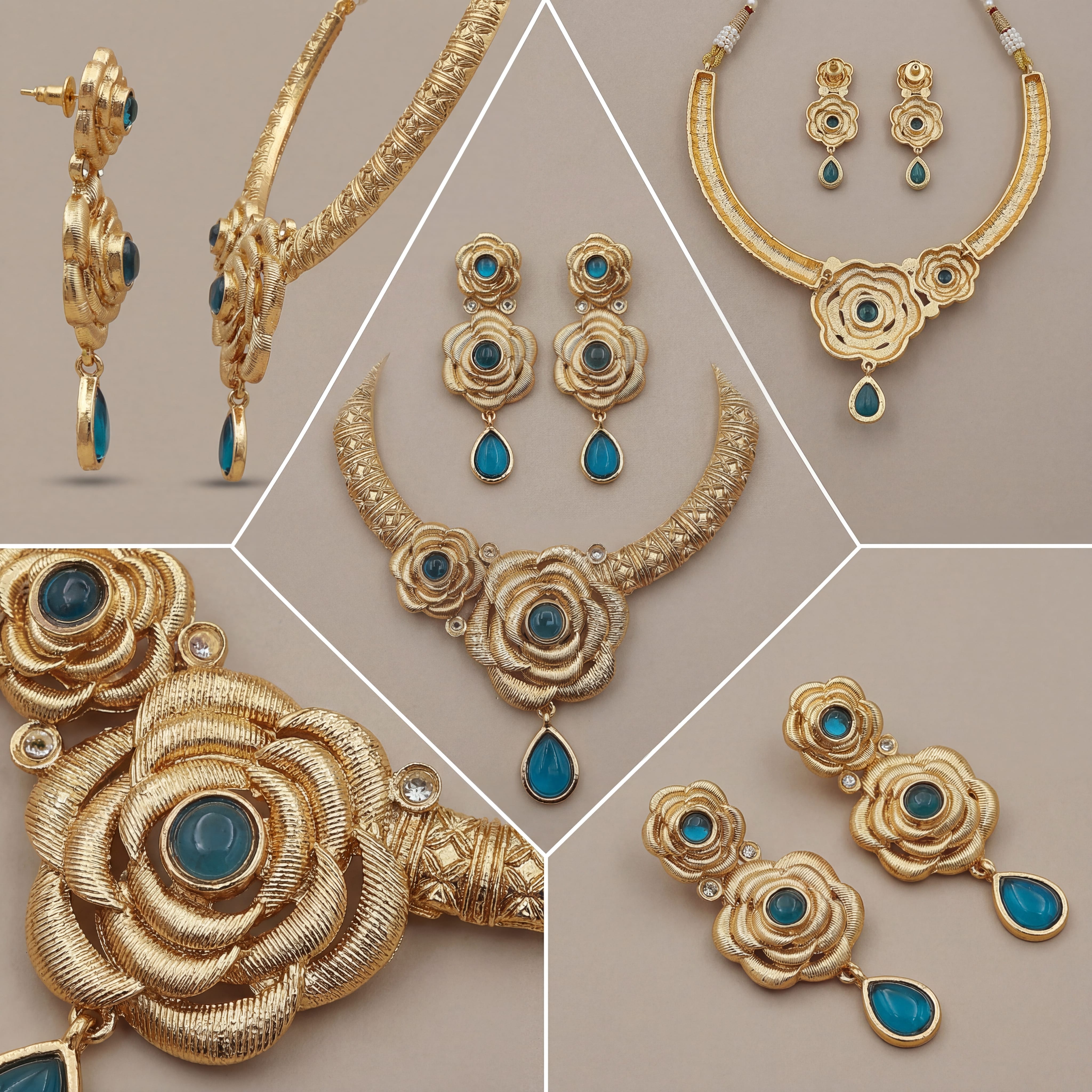 Hasadi Necklace | Rajwadi Rose Design with Green Stones Bridal Set - nandai.store