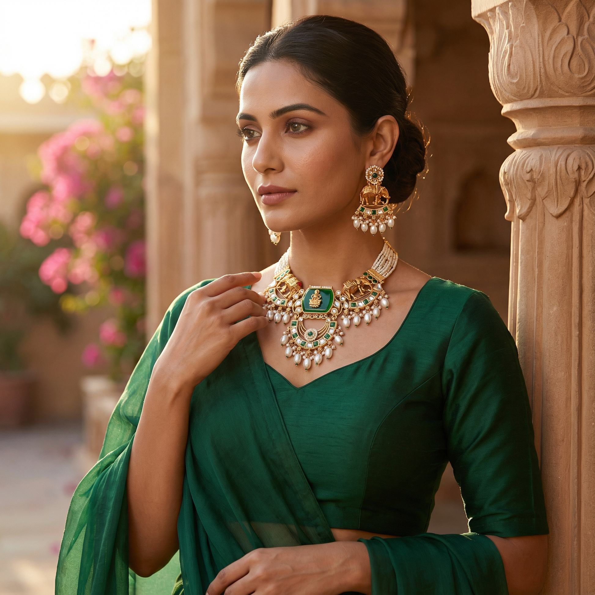 Kundan Necklace Set - Bihari Bridal Necklace with Elephant & Emerald Design - nandai.store