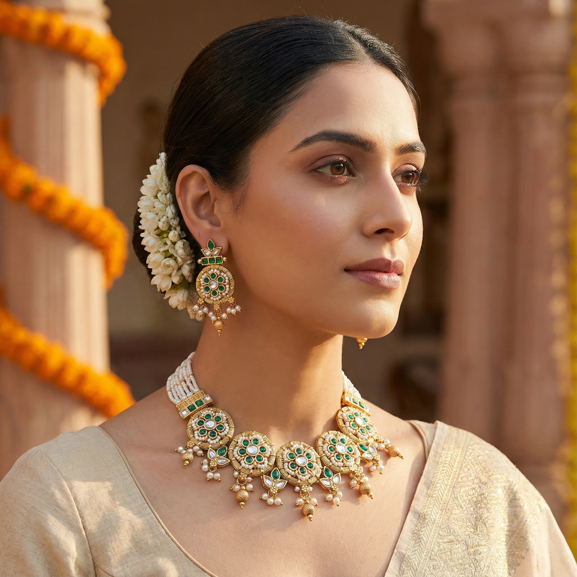 Kundan Choker Set | Rajputi Bridal Necklace with Pearls & Gold - nandai.store