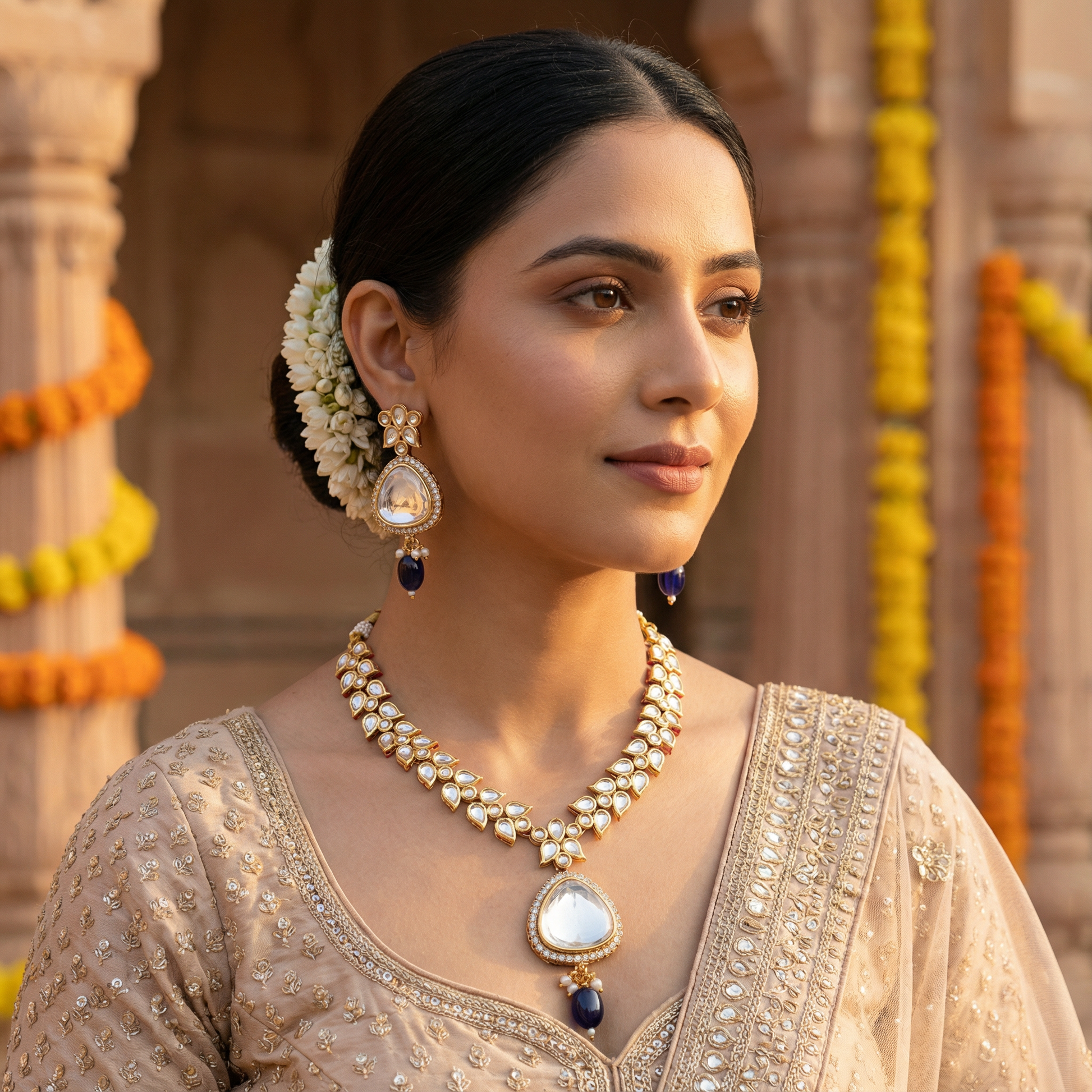 Polki Choker Set - Majestic Uncut Bridal Gold-Plated Necklace & Earrings for Elegant Style - nandai.store