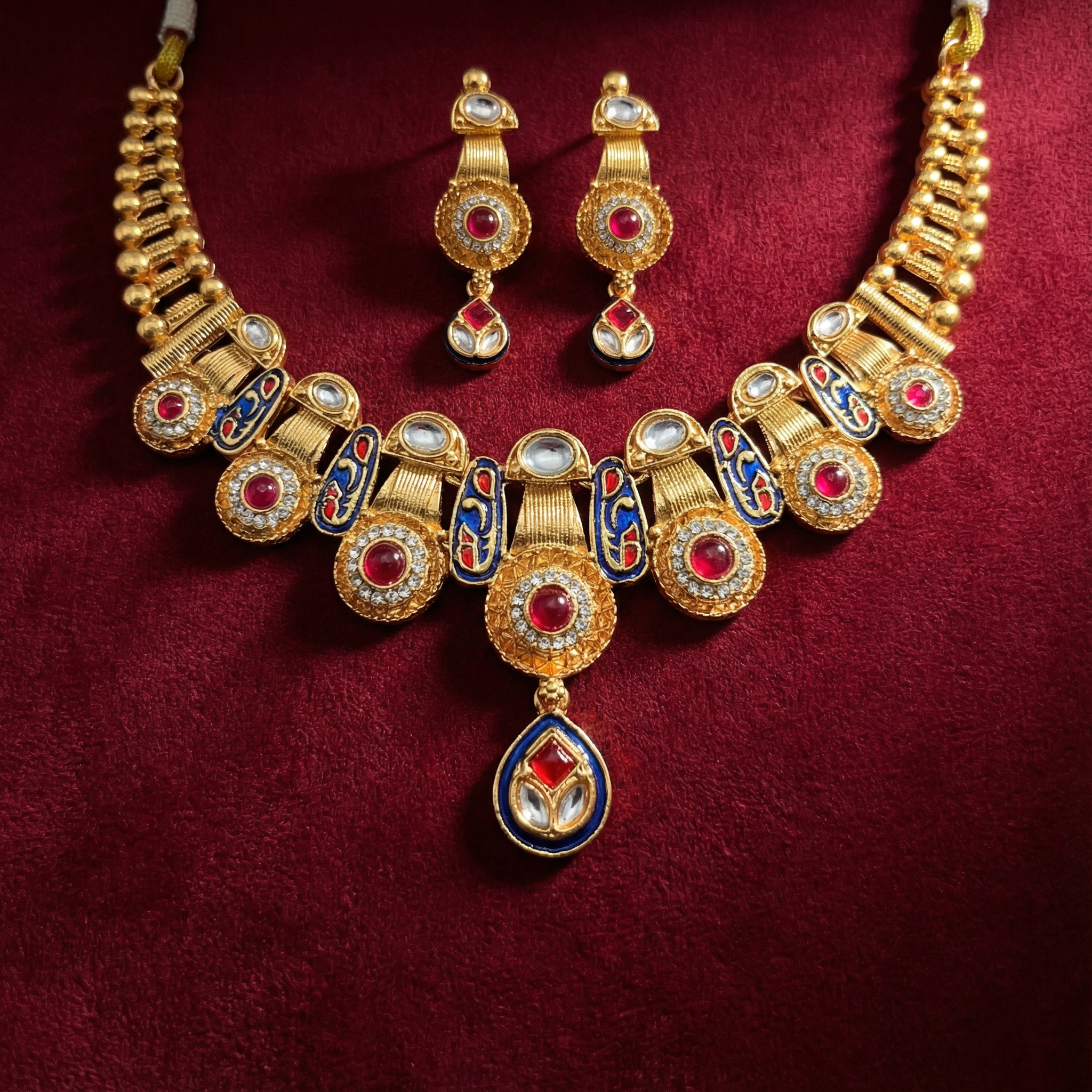 Banarsi Red Meenakari Kundan Necklace Set With Earrings | Exquisite Bridal Jewellery Set — Nandai