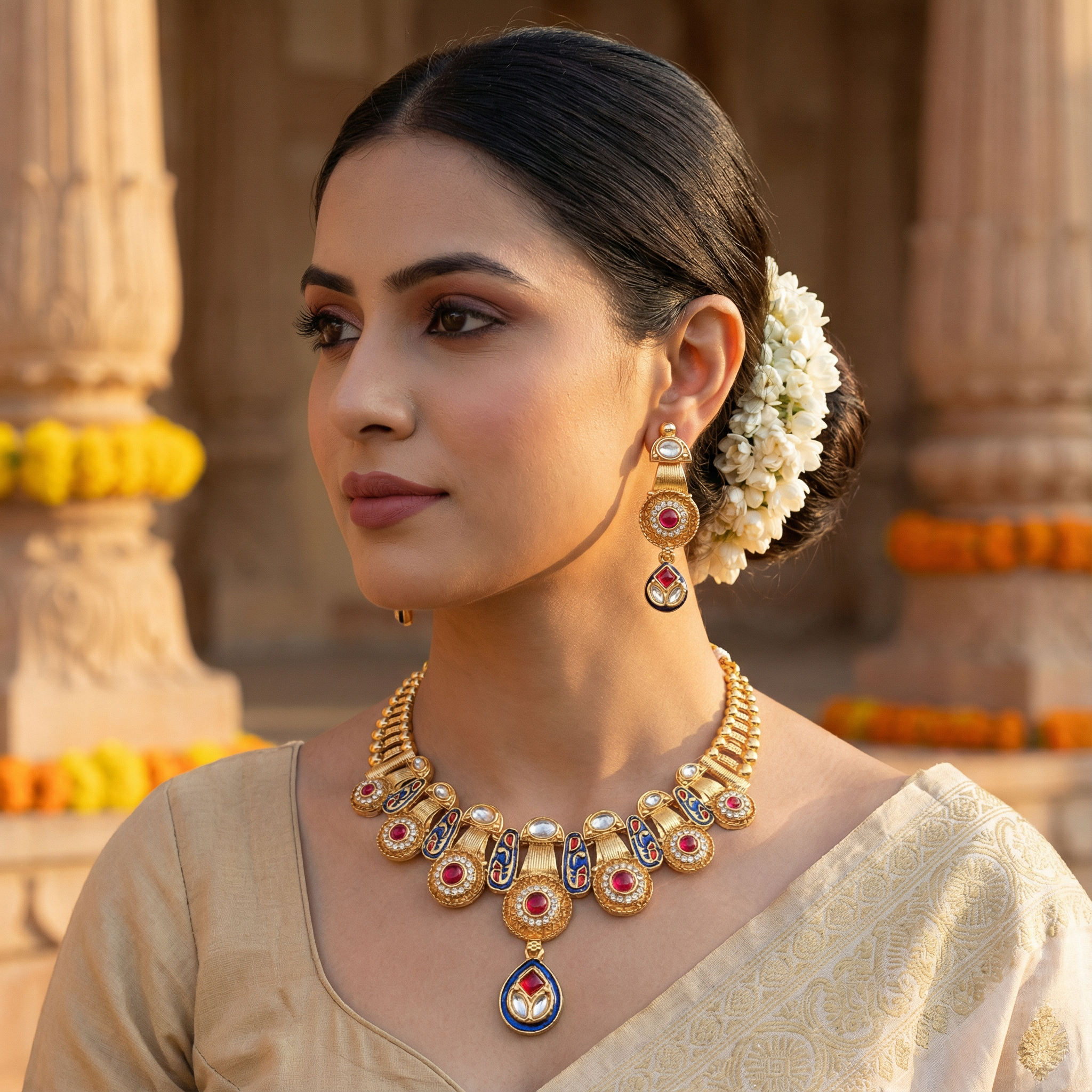Meenakari Kundan Necklace Set With Earrings | Exquisite Bridal Jewellery Set - nandai.store