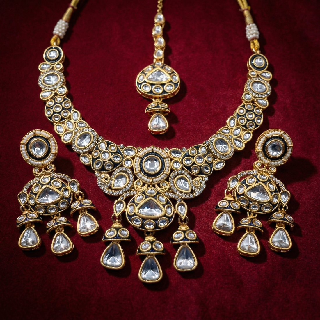 Midnight Black Traditional Cream & Ruby Red Kundan Choker Set with Meenakari Detailing - 3 Piece Bridal Jewelry Set — Nandai