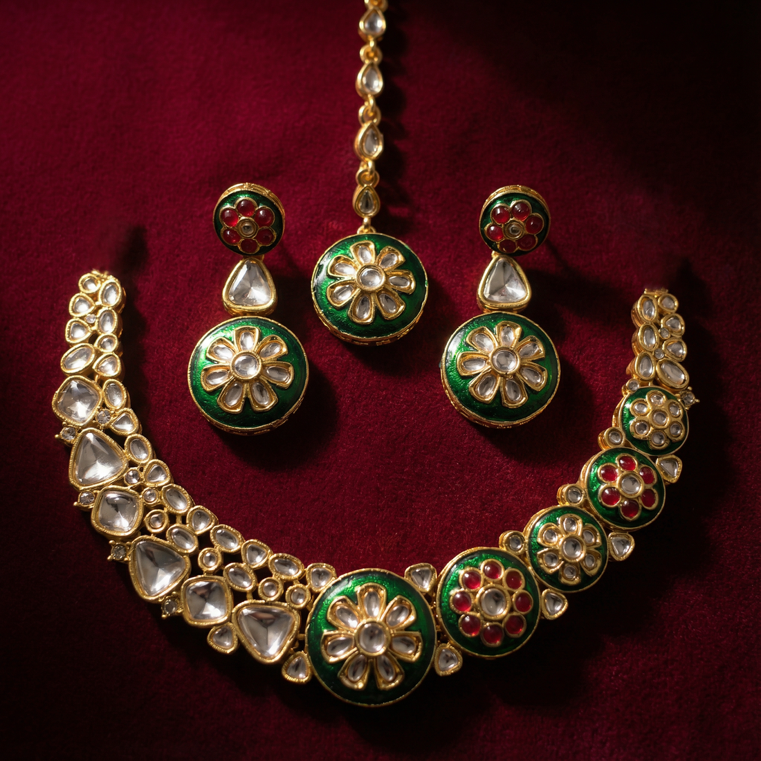 Royal Blue Regal Ruby Red Meenakari Necklace Set - Antique Gold Plated Floral Jewelry for Weddings — Nandai