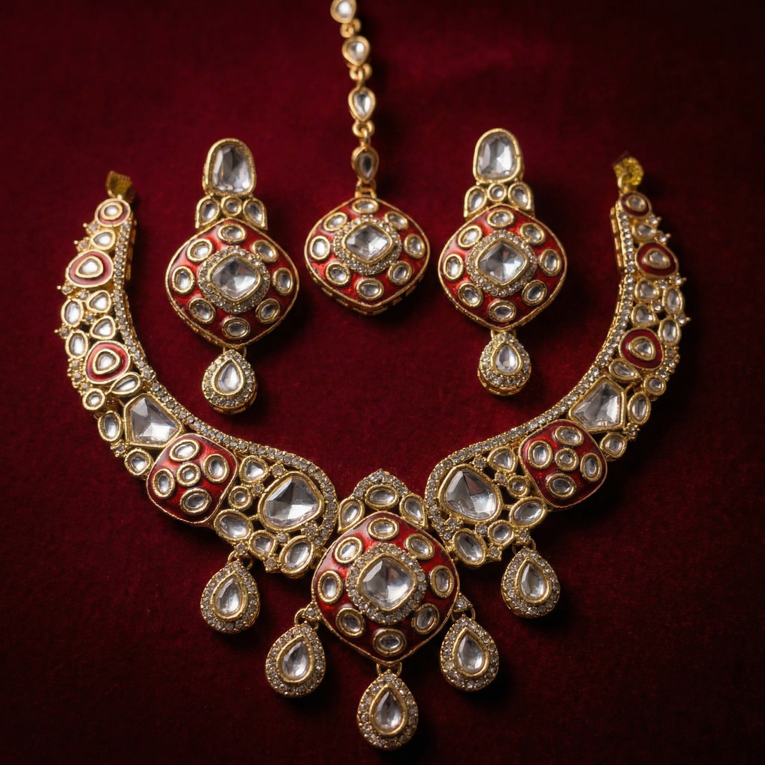 Emerald Green Royal Ruby Red Meenakari Bridal Jewelry Set - Gold Plated Kundan Choker with Maang Tikka & Earrings — Nandai