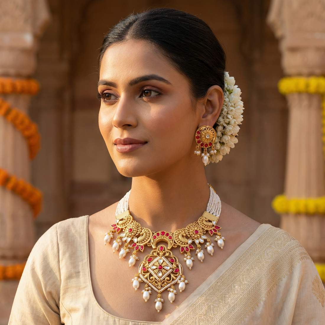 Pearl Choker Set | Rajputi Luxury Indian Bridal Jewelry - nandai.store