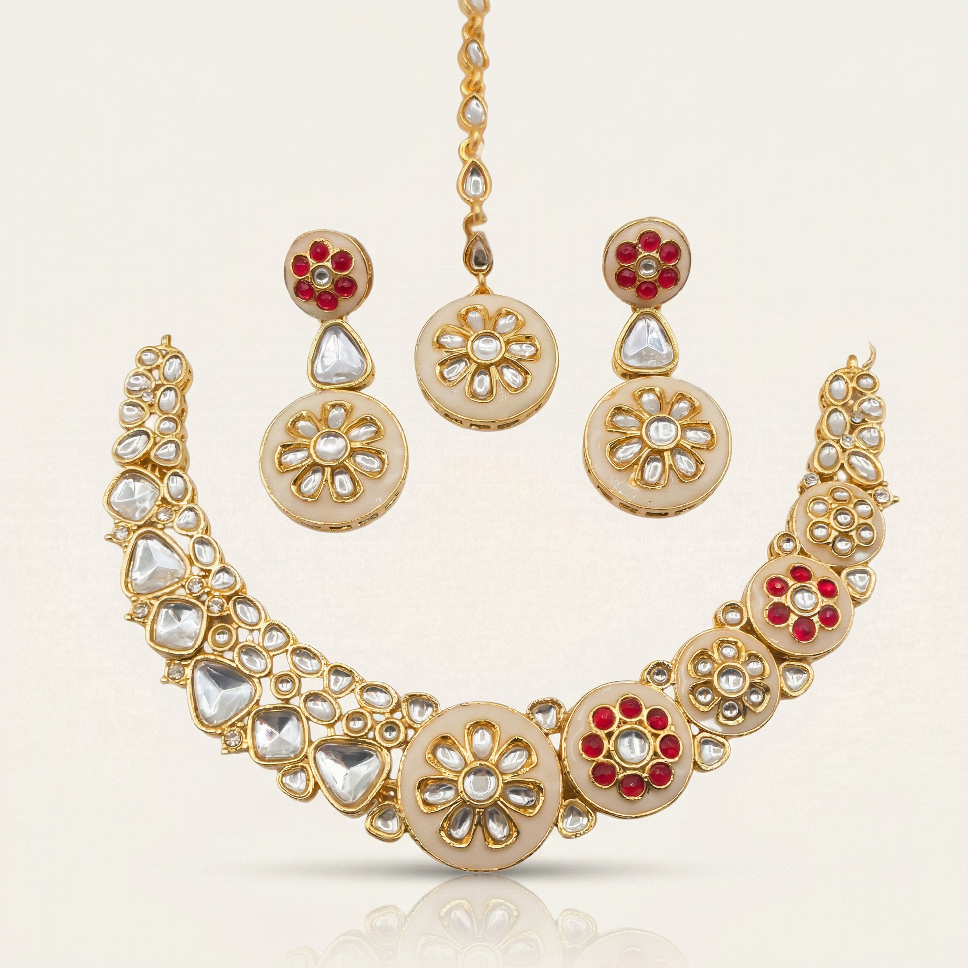 Regal Ruby Red Meenakari Necklace Set - Antique Gold Plated Floral Jewelry for Weddings - nandai.store