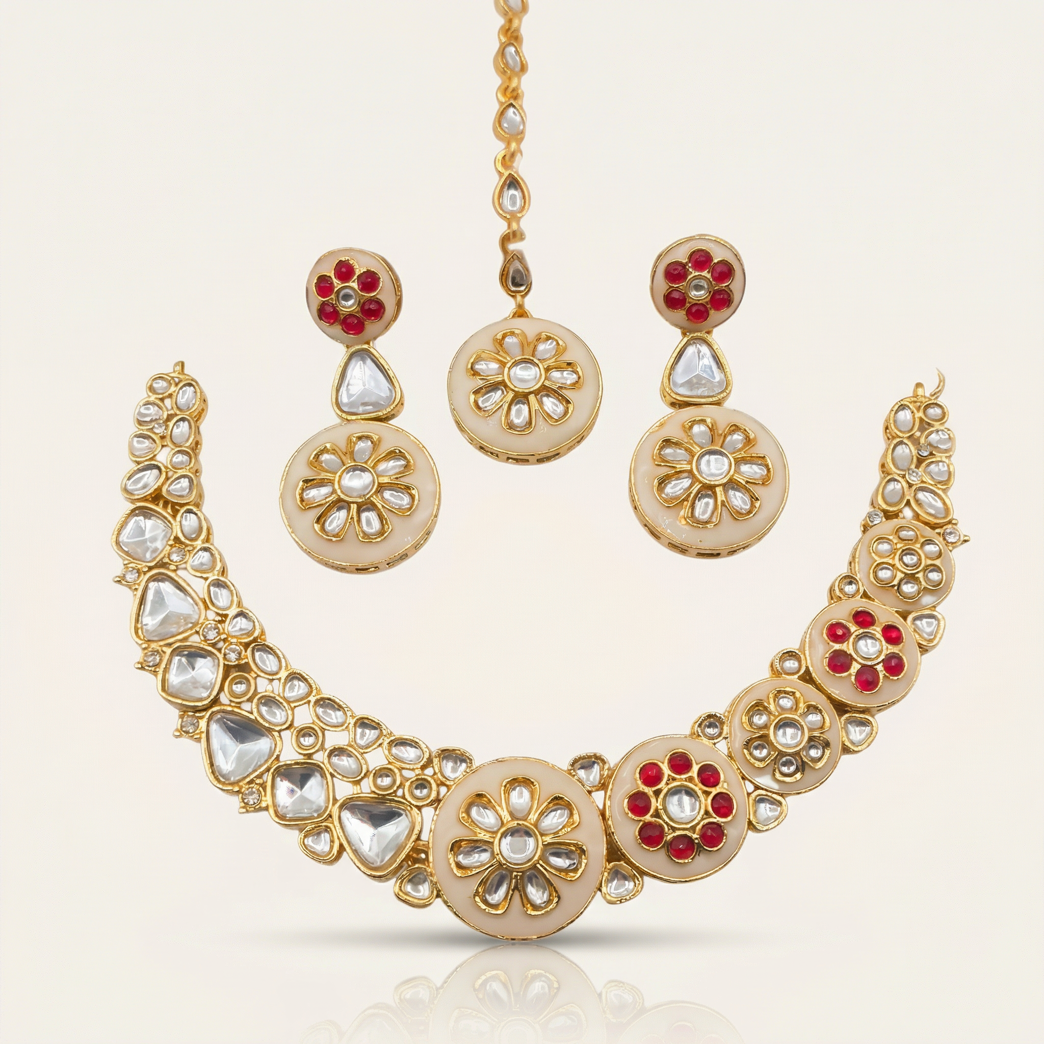 Regal Ruby Red Meenakari Necklace Set - Antique Gold Plated Floral Jewelry for Weddings - nandai.store