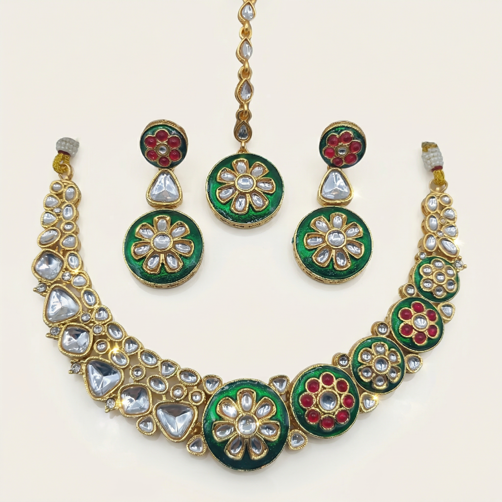 Regal Ruby Red Meenakari Necklace Set - Antique Gold Plated Floral Jewelry for Weddings - nandai.store