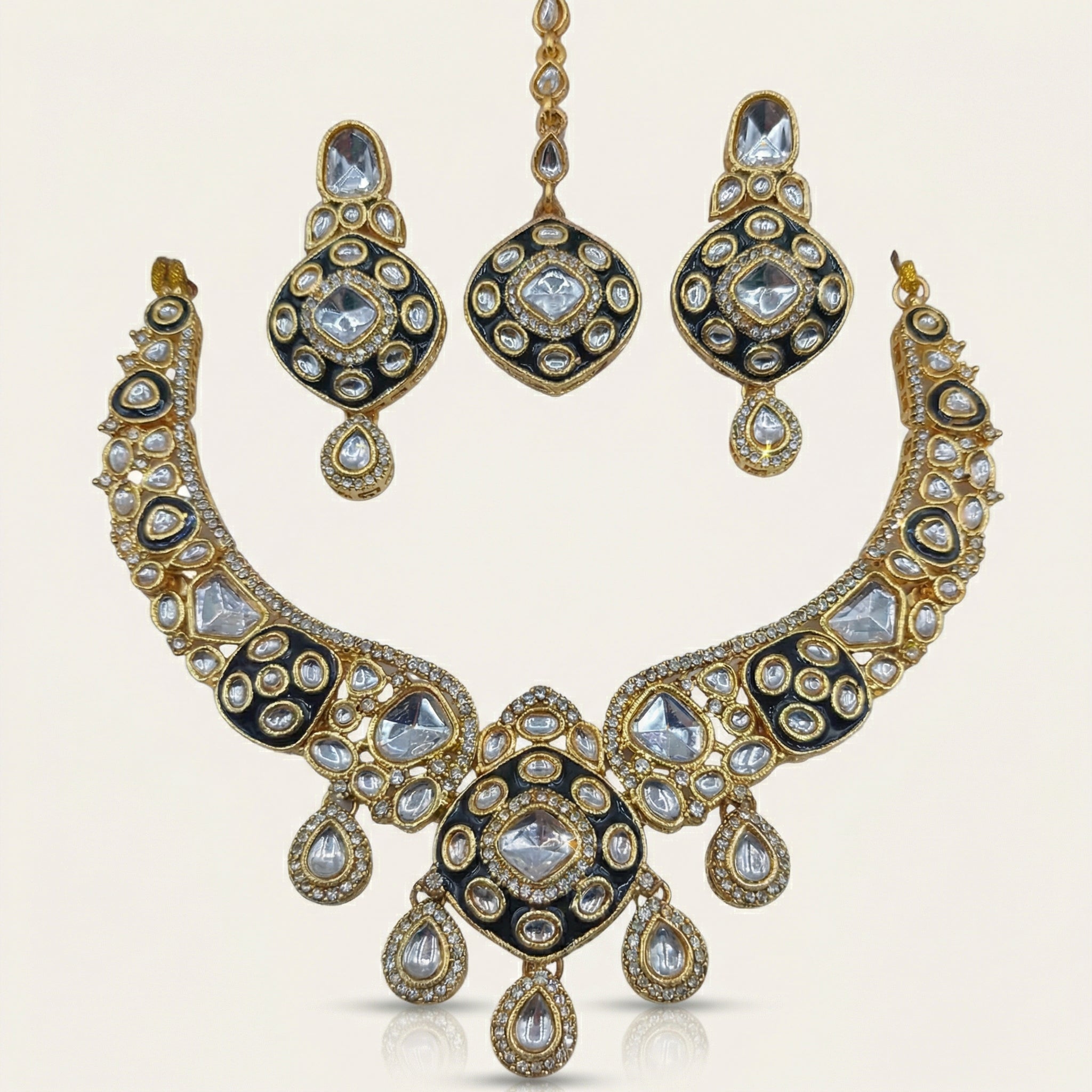 Royal Ruby Red Meenakari Bridal Jewelry Set - Gold Plated Kundan Choker with Maang Tikka & Earrings - nandai.store