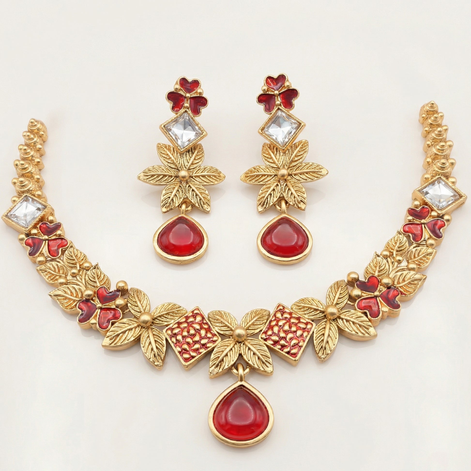 Ethereal Milky Ivory Leaf Filigree Jewelry Set - White & Gold Floral Necklace for Modern Brides - nandai.store