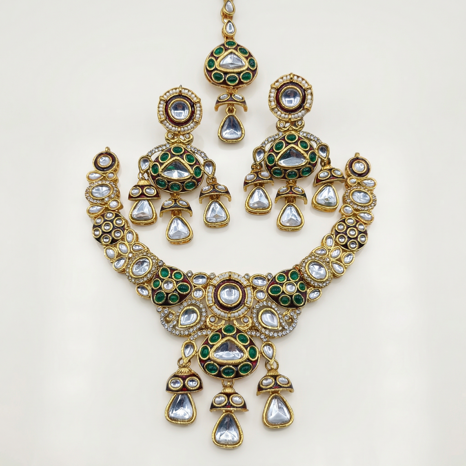 Traditional Cream & Ruby Red Kundan Choker Set with Meenakari Detailing - 3 Piece Bridal Jewelry Set - nandai.store
