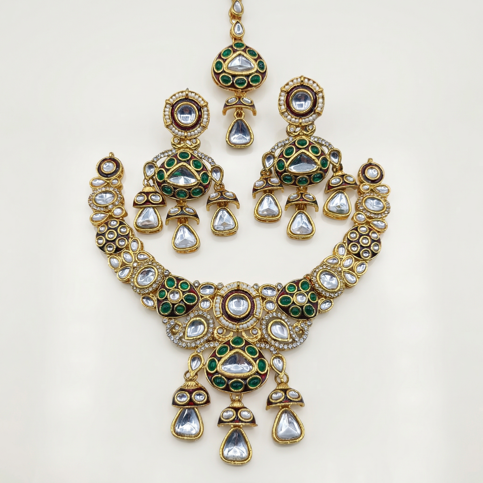 Traditional Cream & Ruby Red Kundan Choker Set with Meenakari Detailing - 3 Piece Bridal Jewelry Set - nandai.store