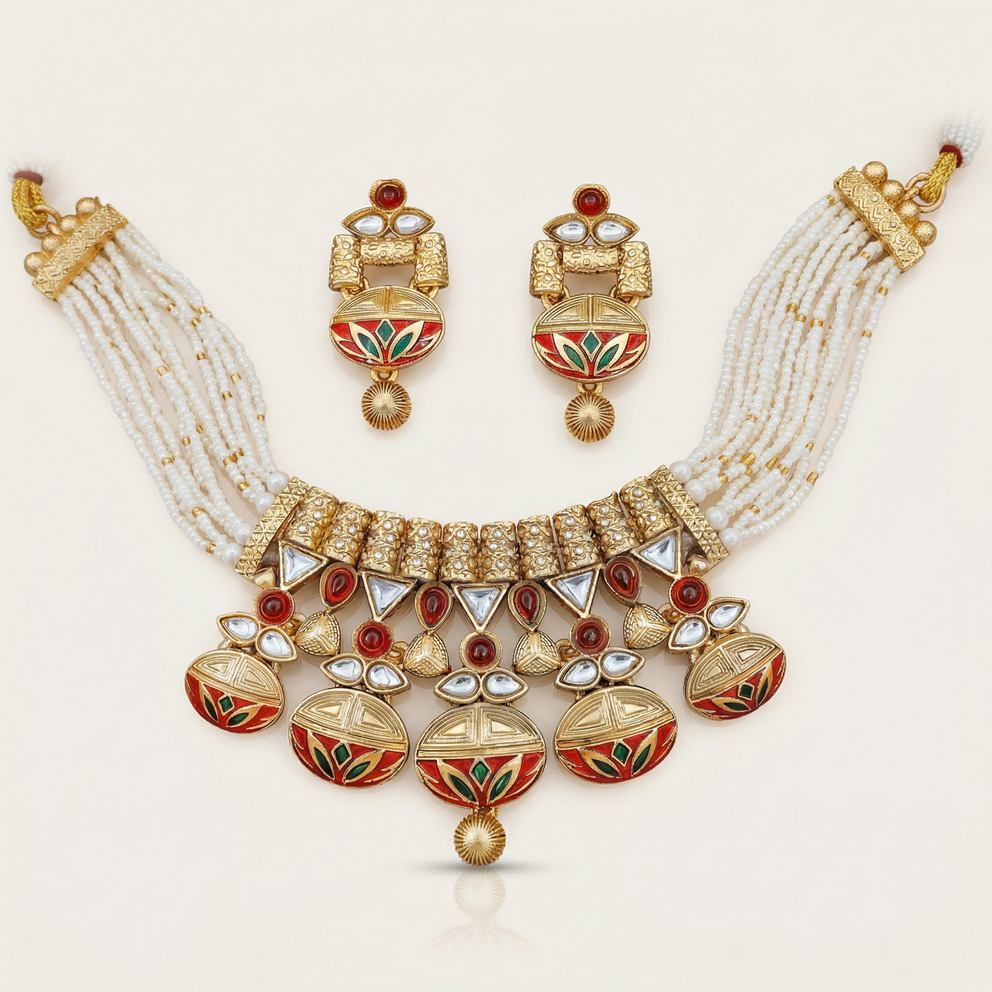 Rajwadi Necklace Set - Madhubala Bridal Jewelry - Gold Meenakari Choker with Earrings & Pearls - nandai.store