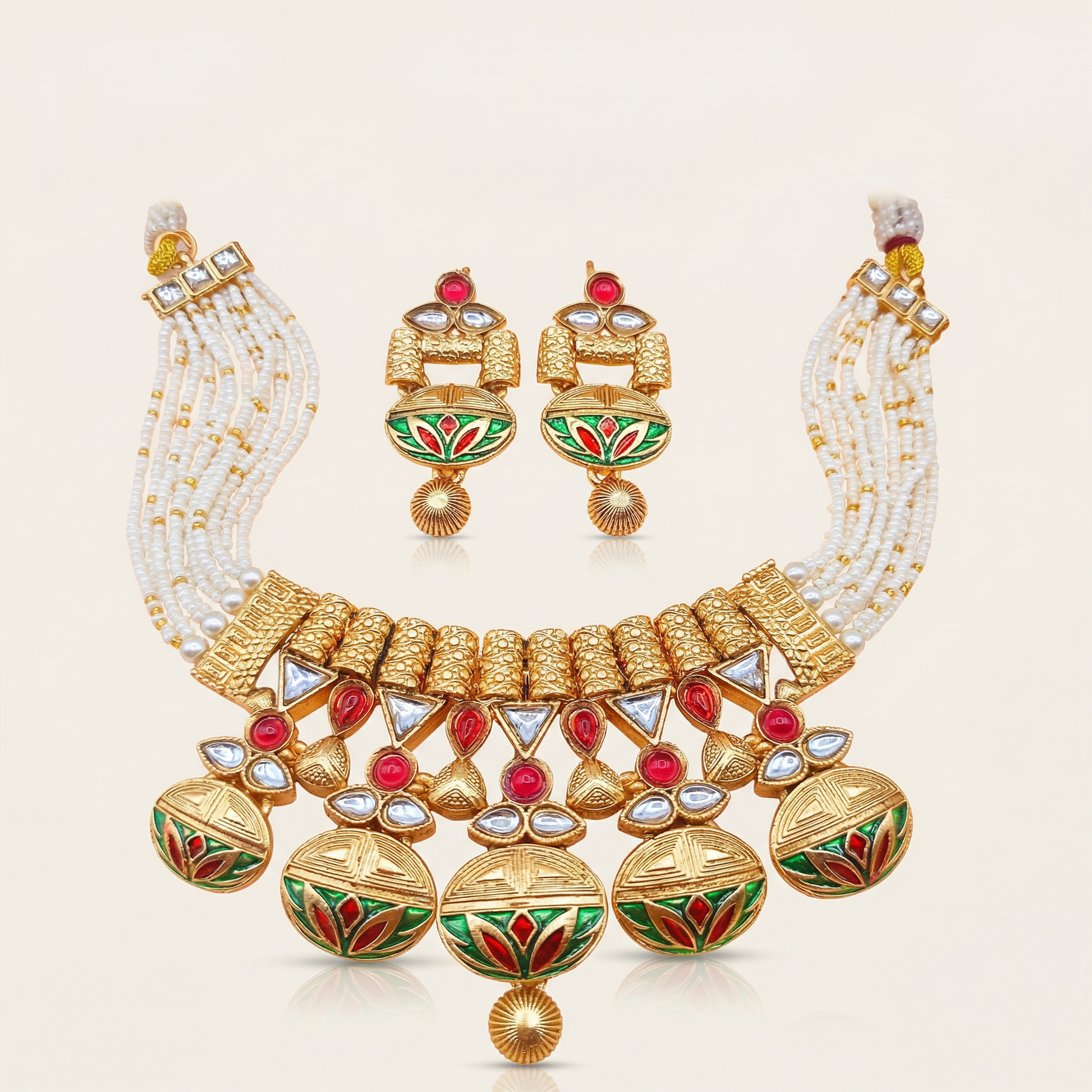 Rajwadi Necklace Set - Madhubala Bridal Jewelry - Gold Meenakari Choker with Earrings & Pearls - nandai.store