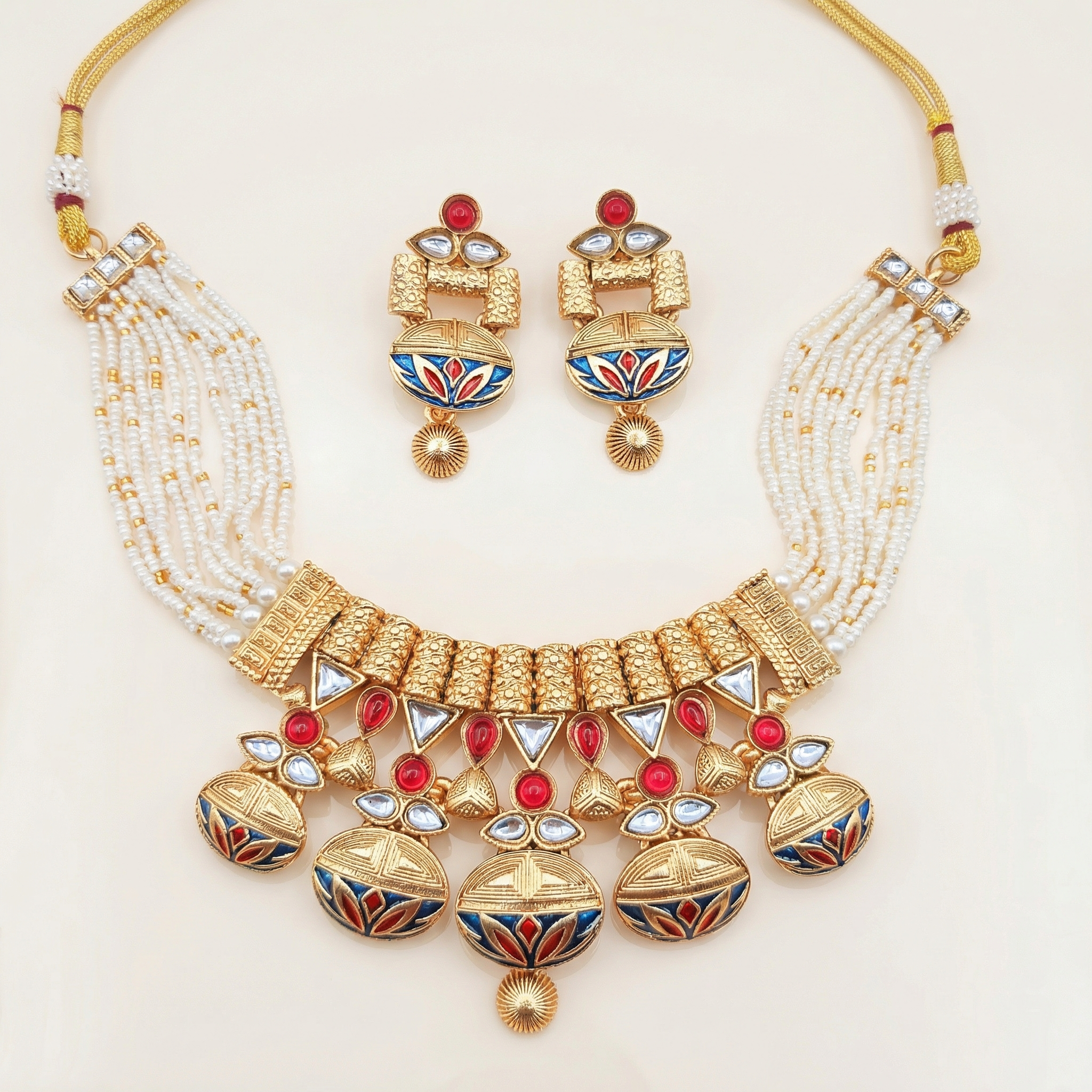 Rajwadi Necklace Set - Madhubala Bridal Jewelry - Gold Meenakari Choker with Earrings & Pearls - nandai.store