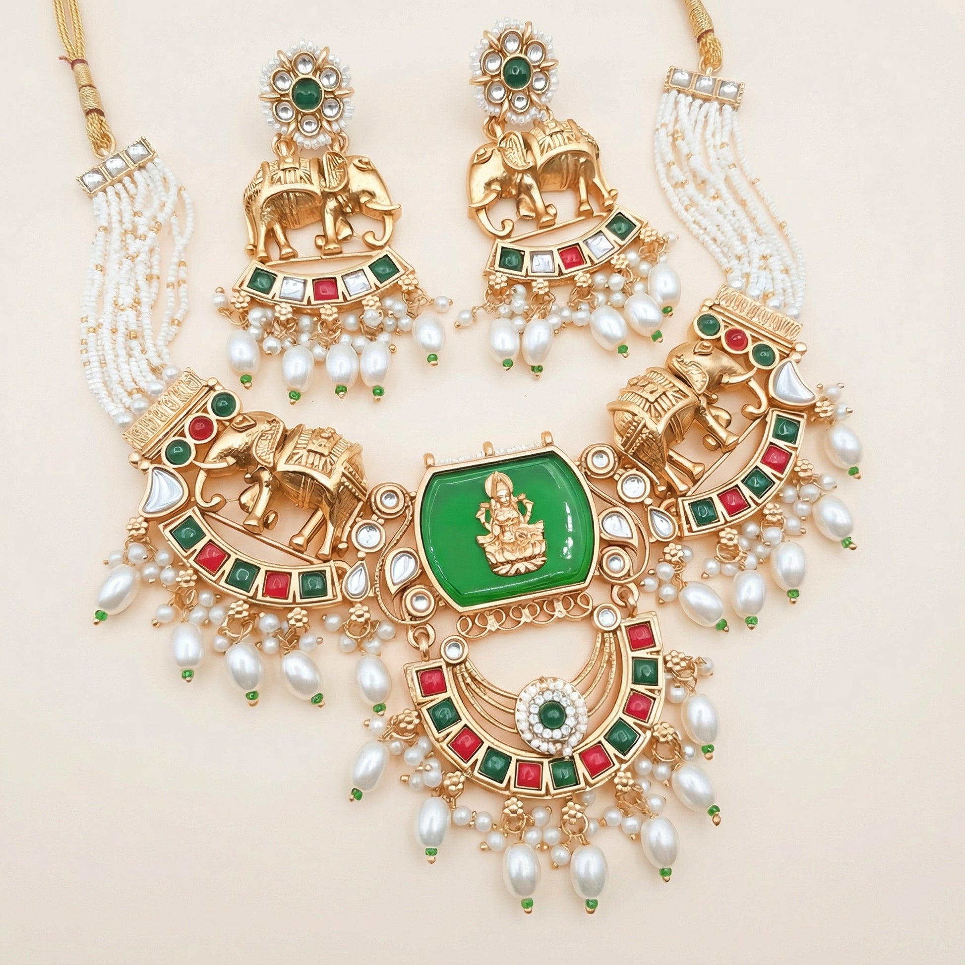 Kundan Necklace Set - Bihari Bridal Necklace with Elephant & Emerald Design - nandai.store