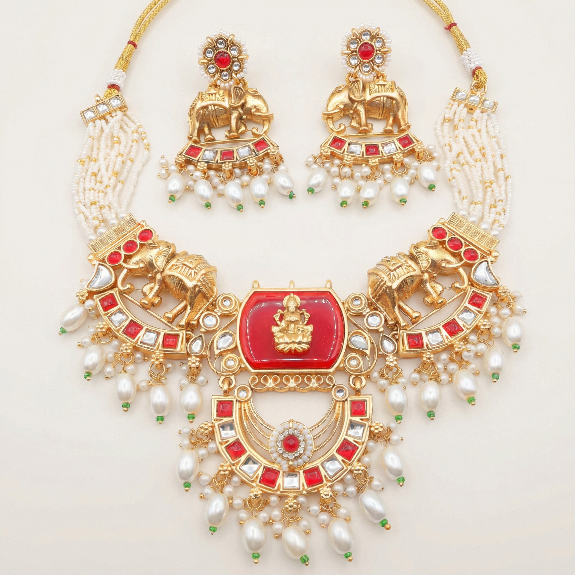 Kundan Necklace Set - Bihari Bridal Necklace with Elephant & Emerald Design - nandai.store